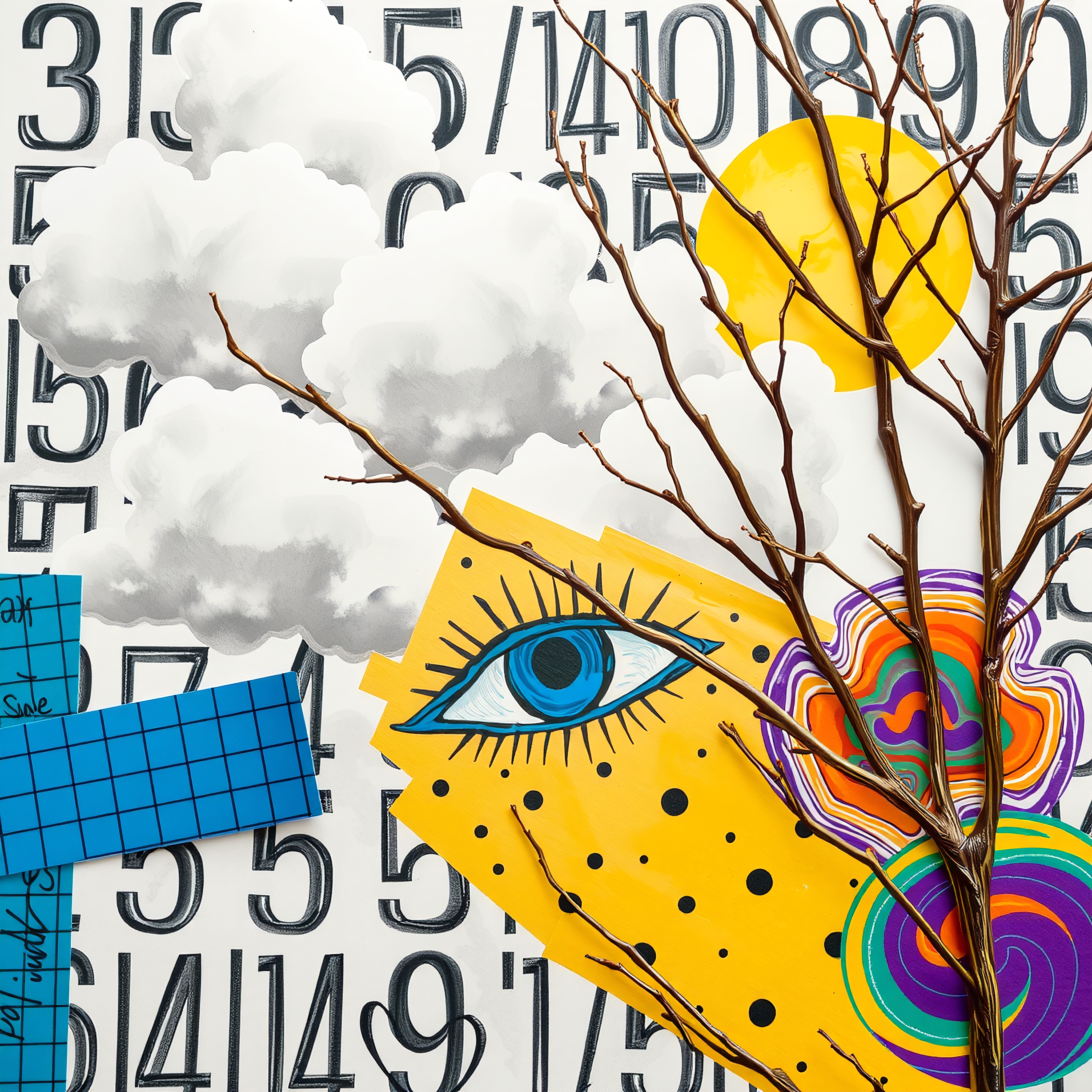 A vibrant surreal collage with a blue eye, numbers, clouds, and branches on a colorful abstract background.