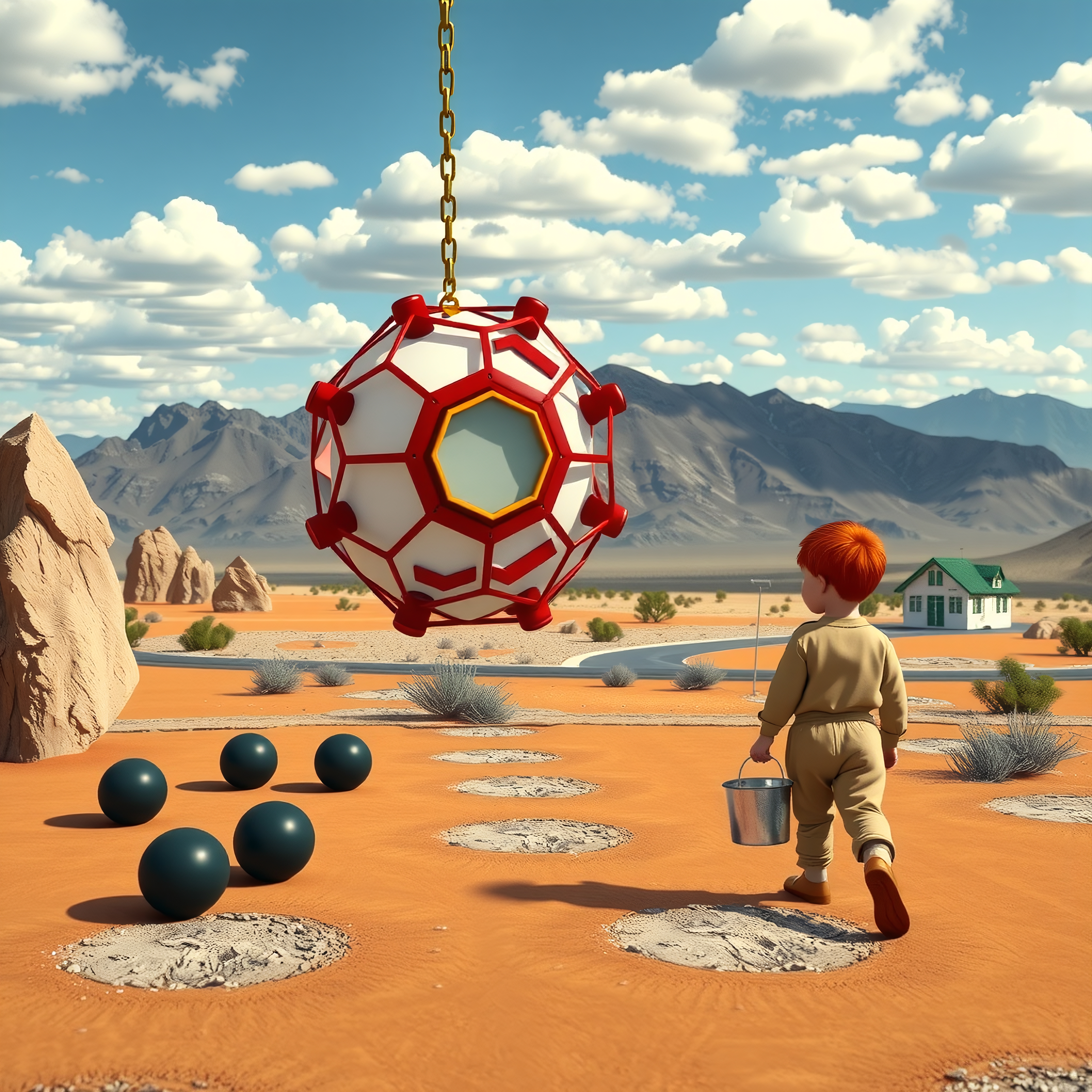 A child in desert, futuristic orb, scattered spheres, distant mountains, vibrant landscape.