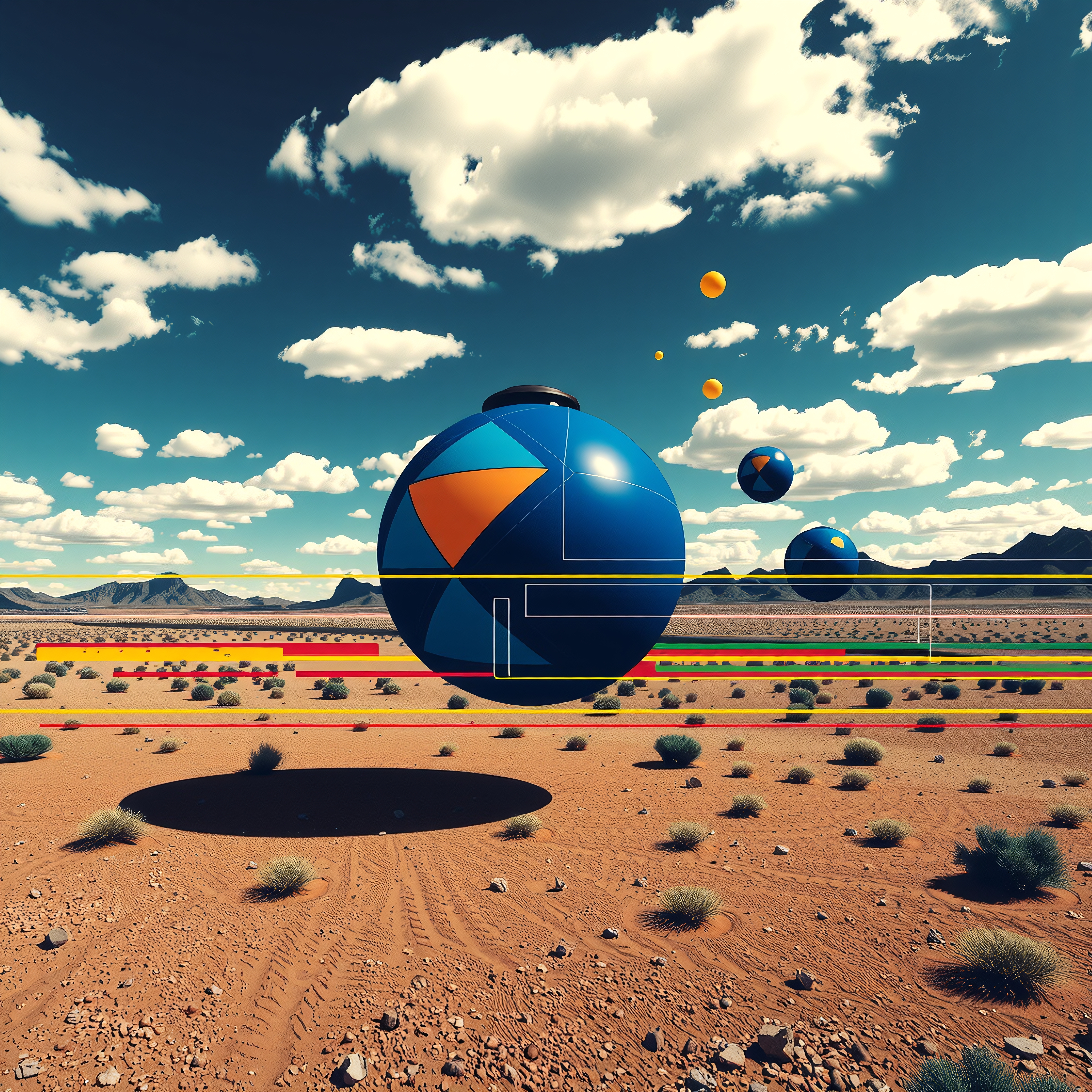 Colorful geometric spheres float over a vibrant desert landscape.
