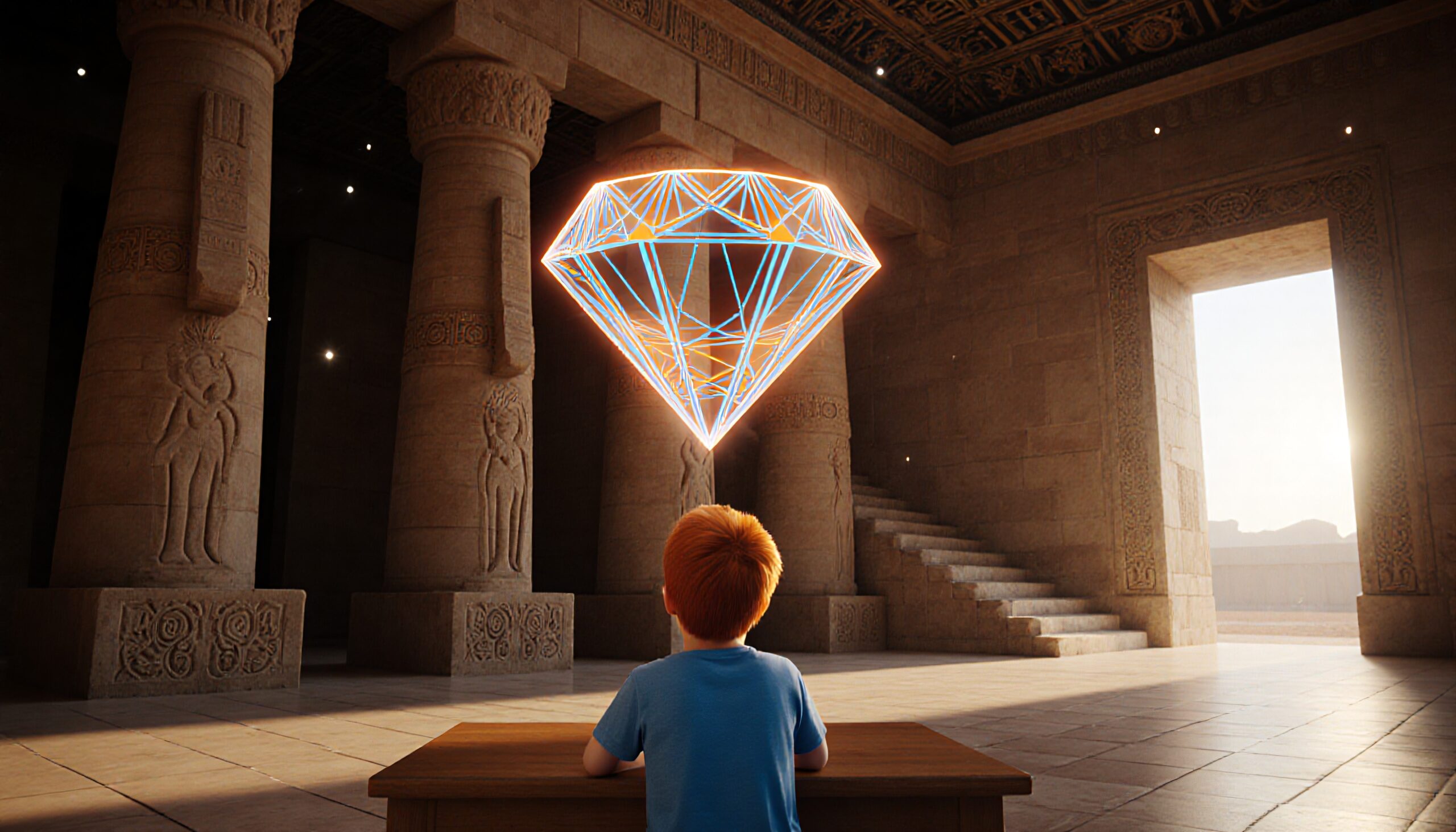 A young boy gazes at a floating geometric diamond inside a grand, ancient temple.