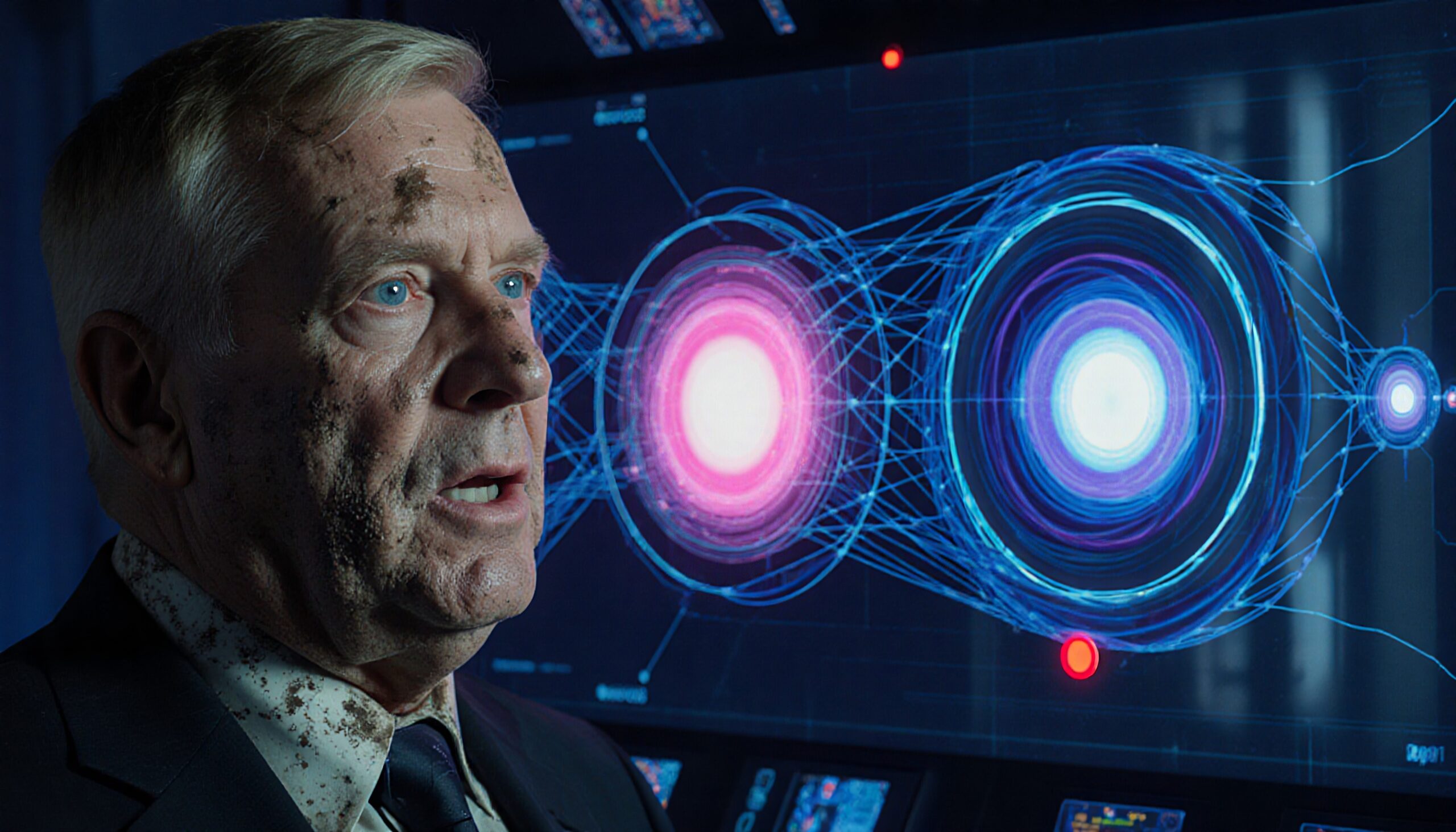 A man in a suit with a focused expression stands before a glowing digital display featuring interconnected circles.