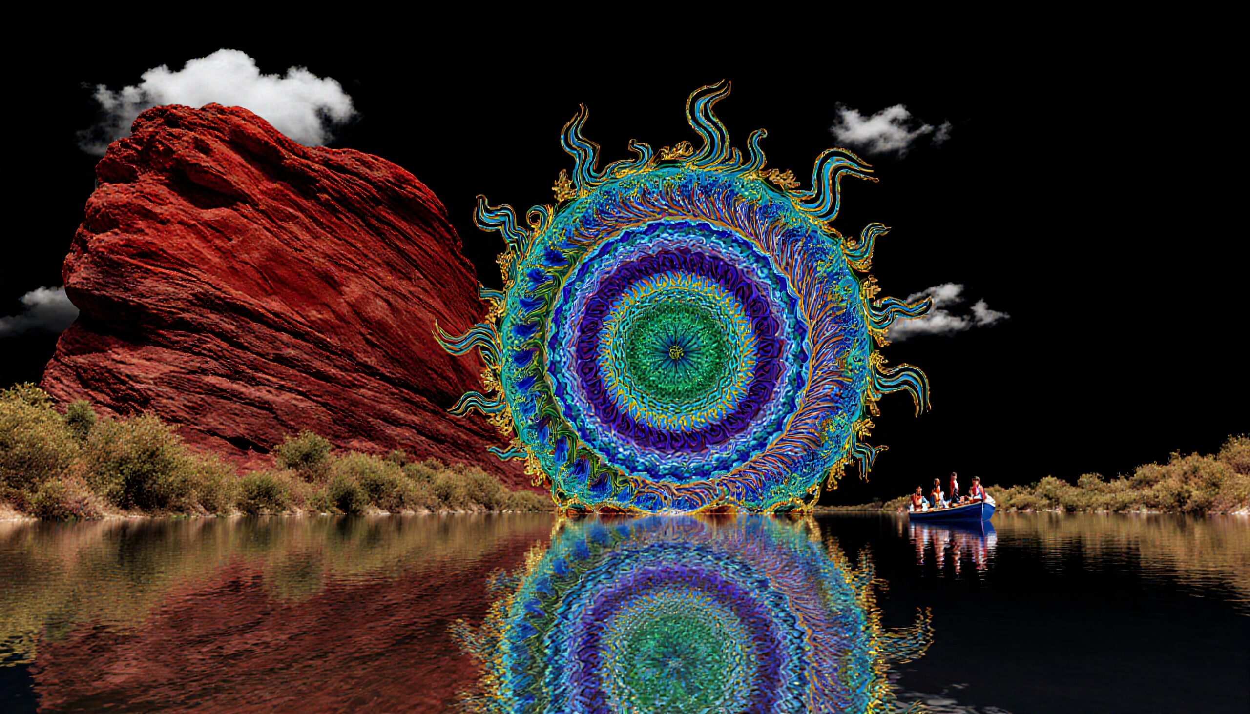 A colorful mandala reflects on a lake beside a striking red rock formation with a small boat in the distance.