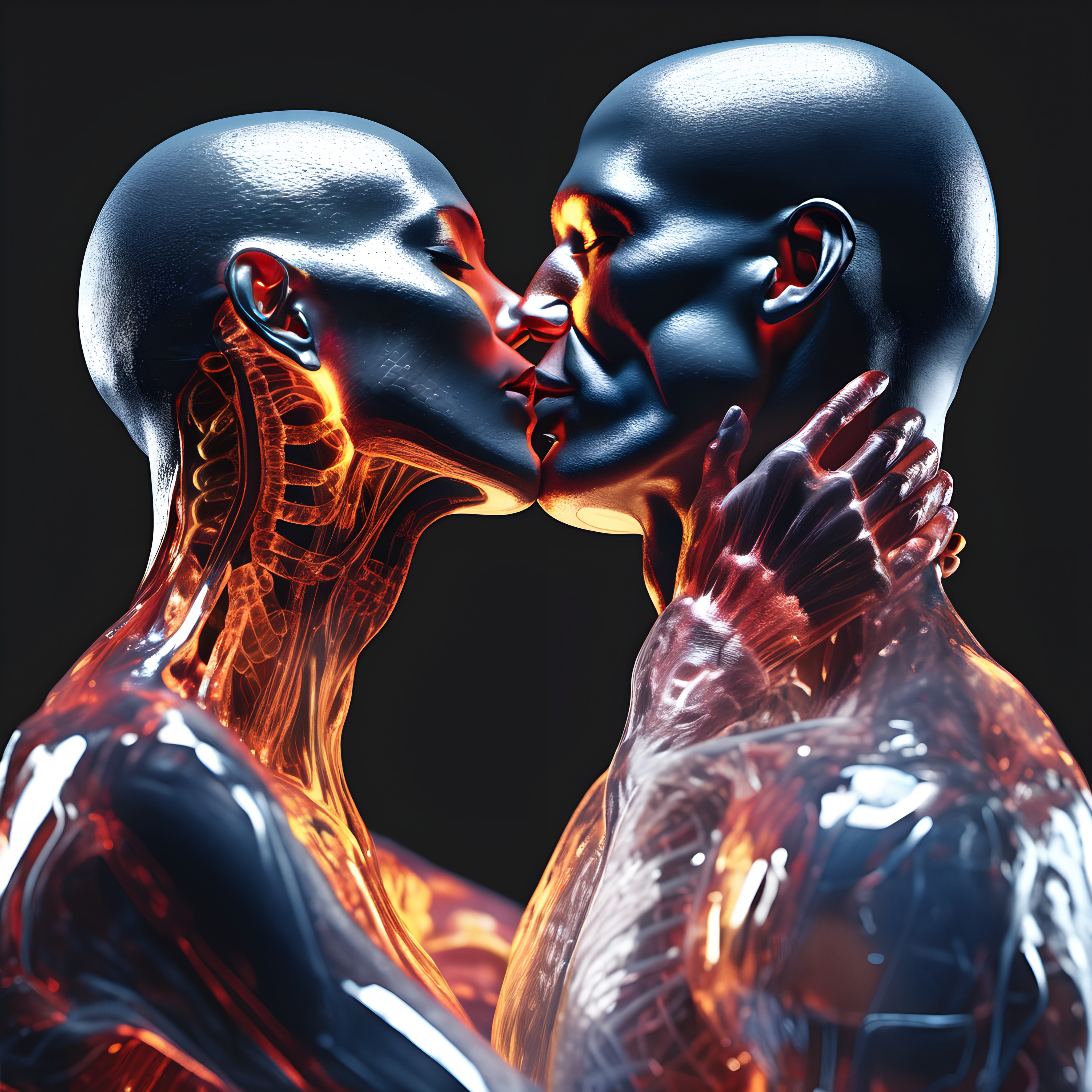 Futuristic illustration of two anatomically detailed human figures kissing, with glowing inner anatomy against a dark background.