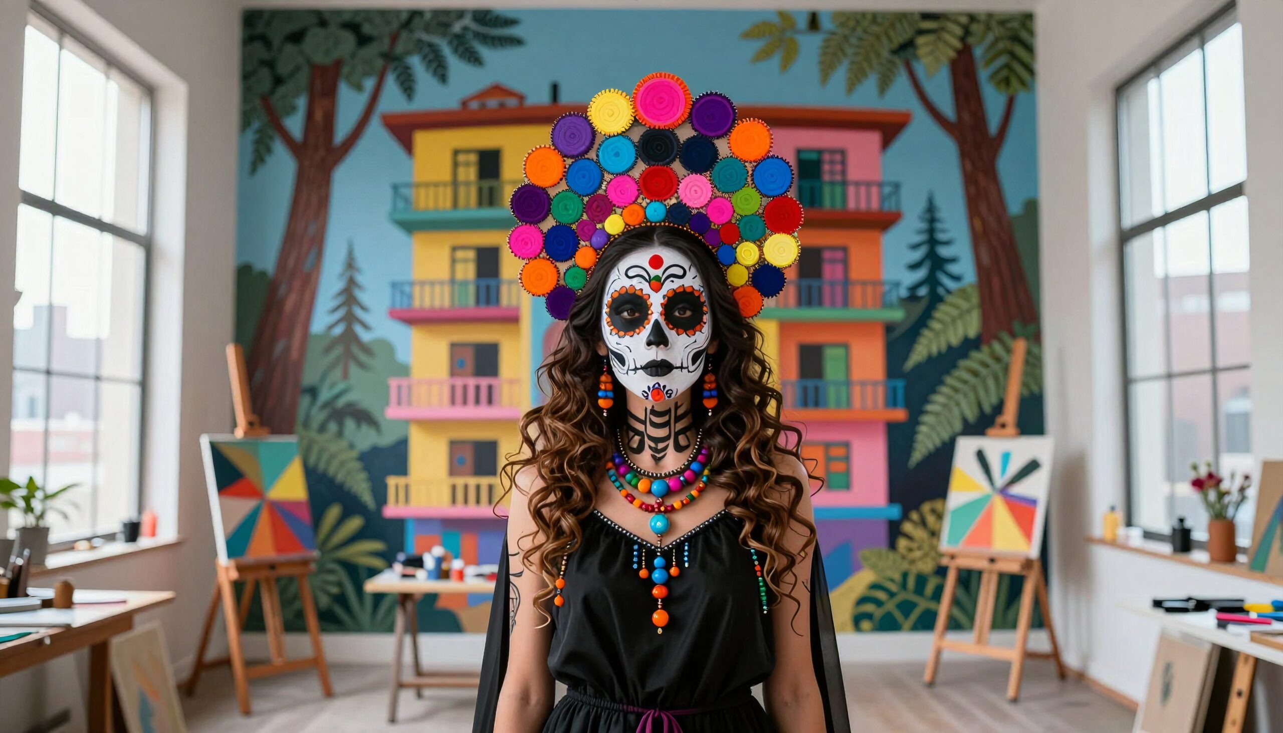 A woman with Day of the Dead face paint stands in a colorful art studio with vibrant mural.