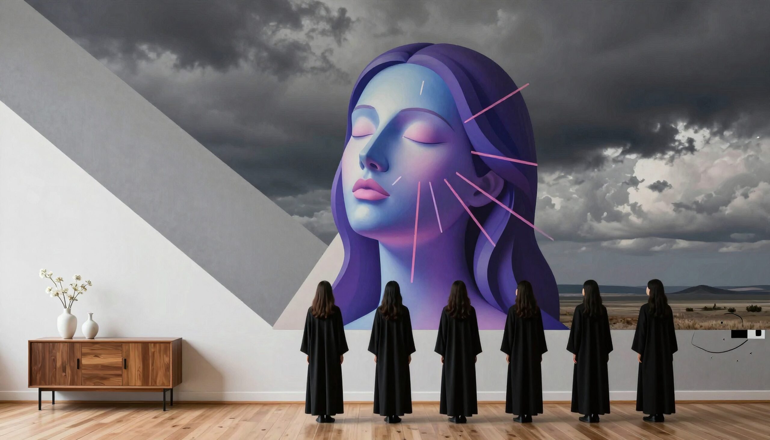 A surreal mural of a woman's face in a modern, minimalist room with robed figures.