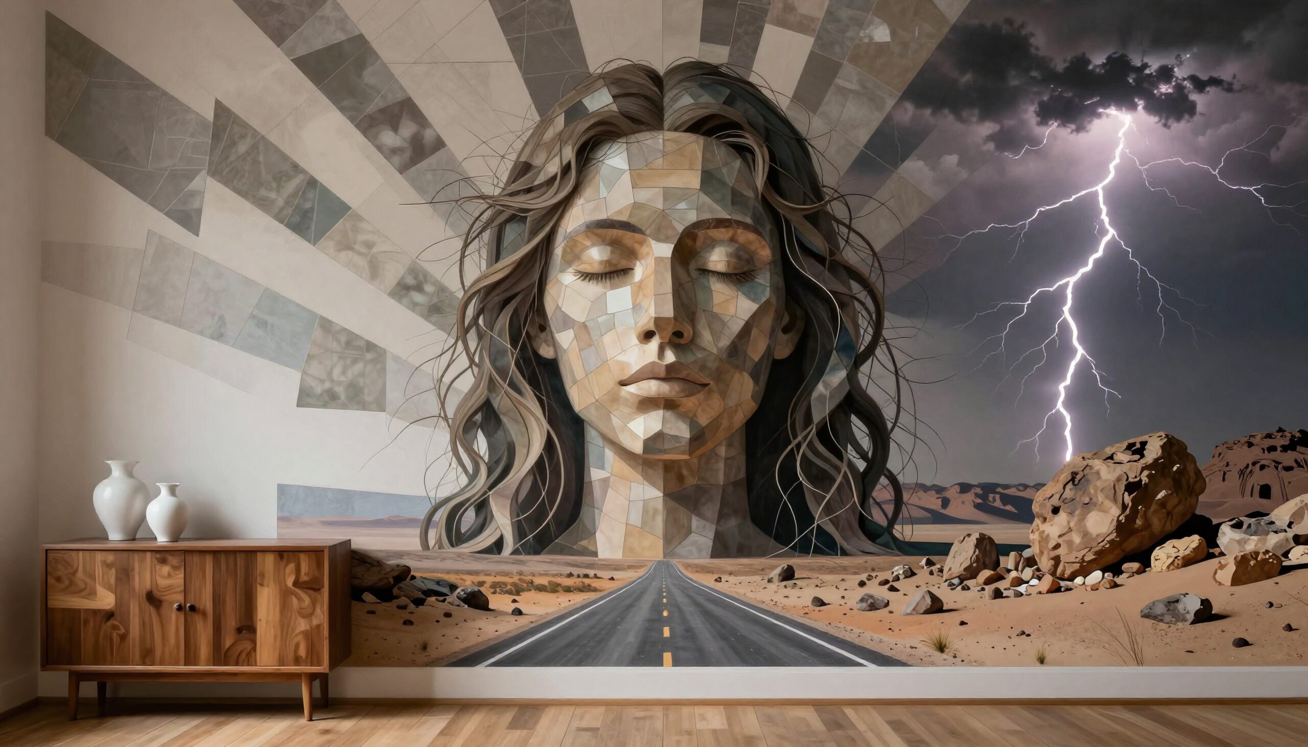 Surreal mural of a mosaic face amidst a desert landscape with a striking lightning bolt.