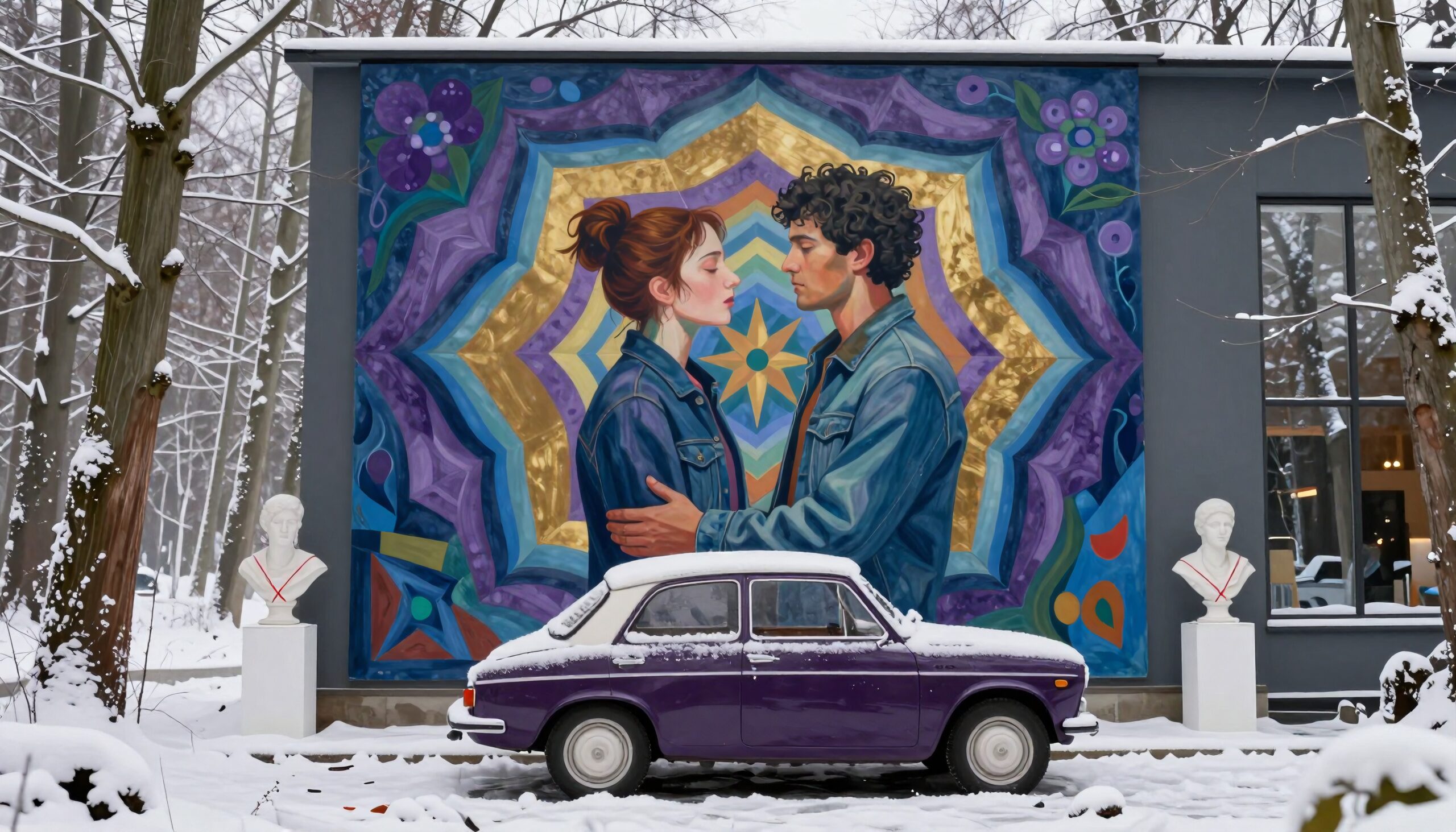 Vibrant mural with vintage car in snowy urban setting.