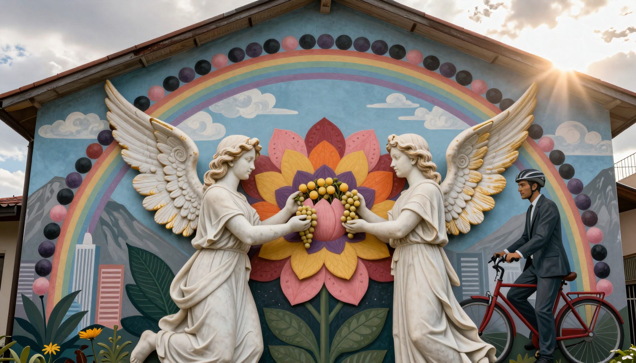 Colorful mural of angels and rainbow.