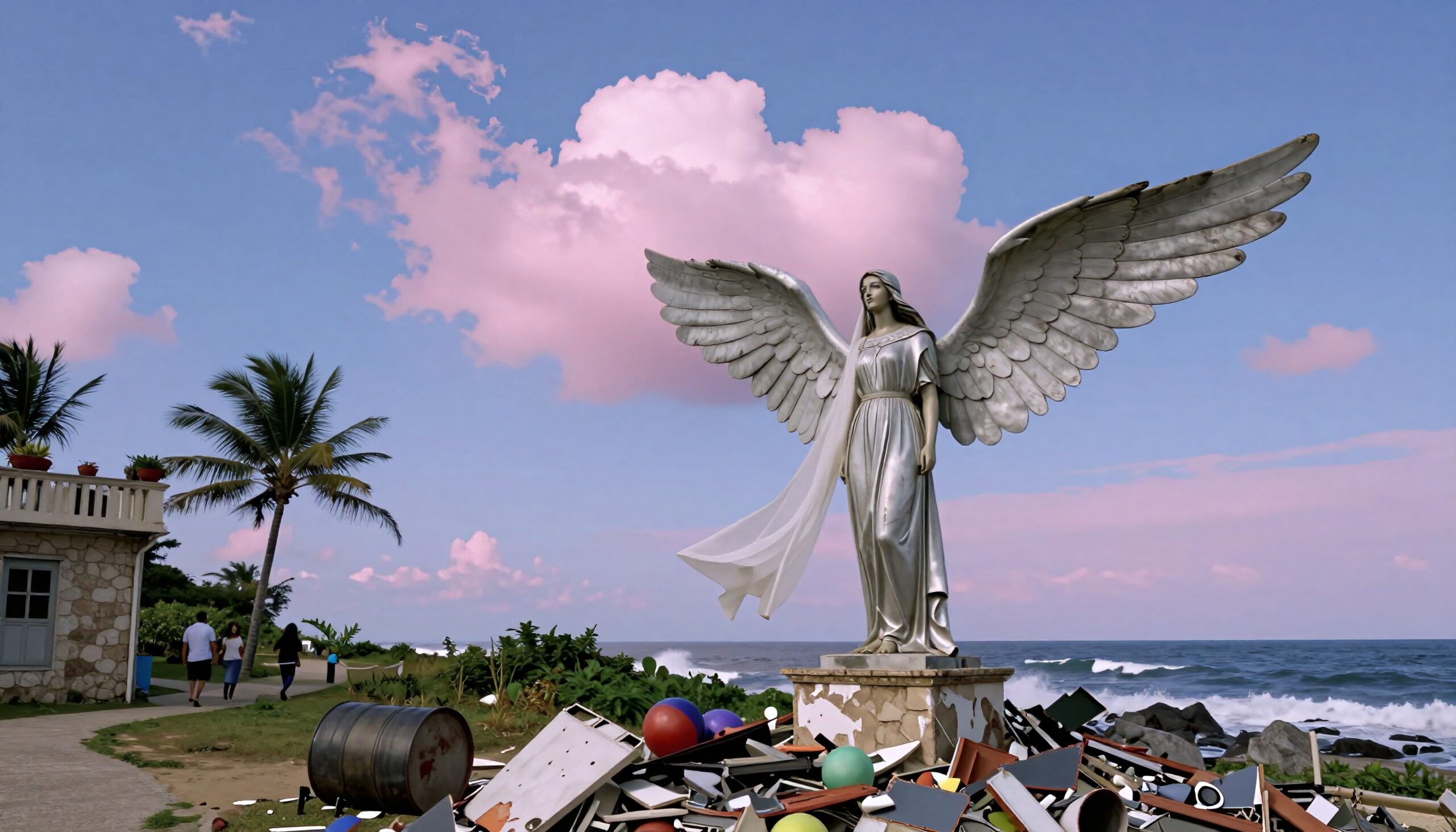 A large angel statue stands amidst oceanic debris with pink skies overhead.