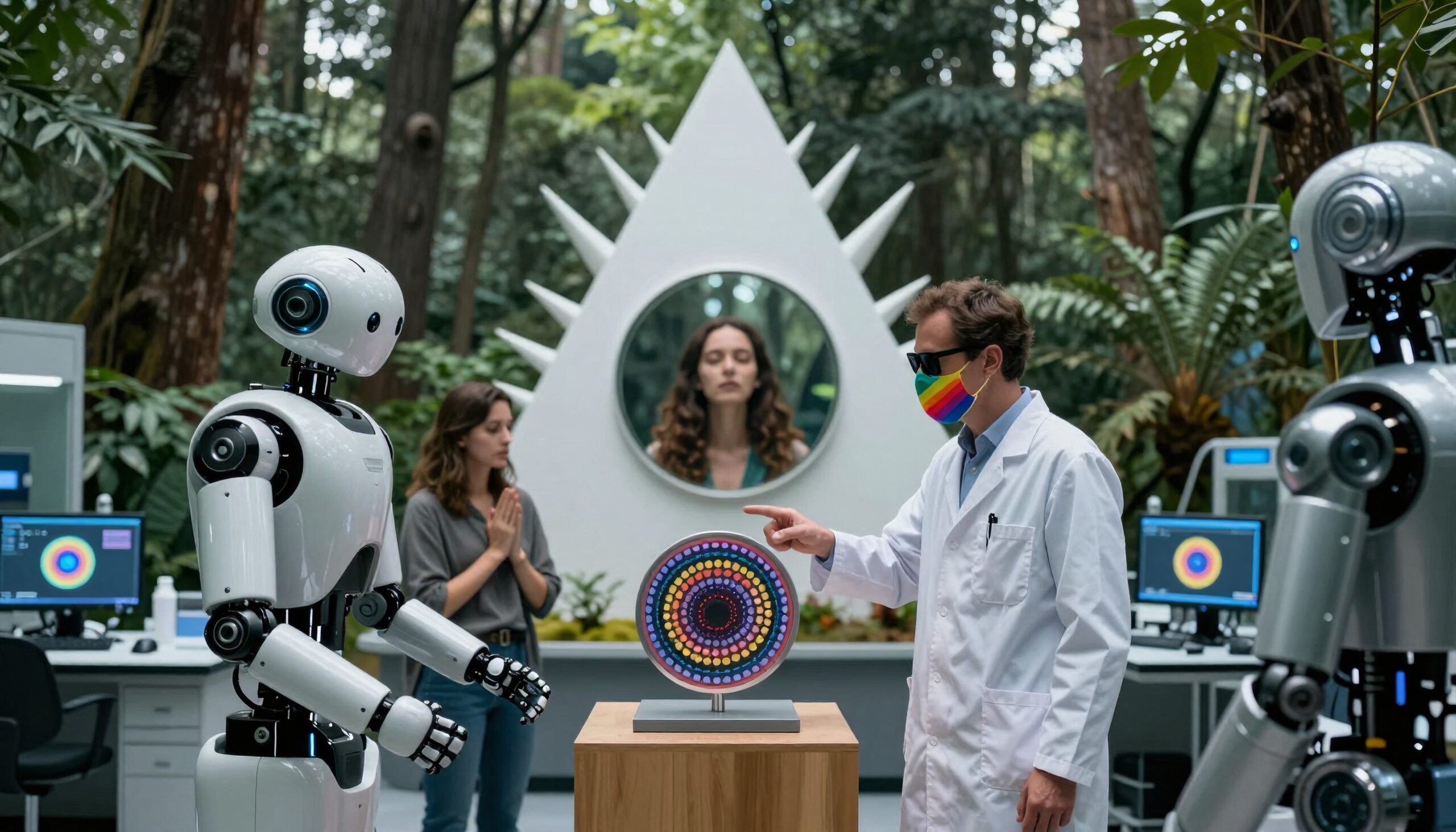 A scientist and robots in a serene forest setting conduct a colorful experiment.
