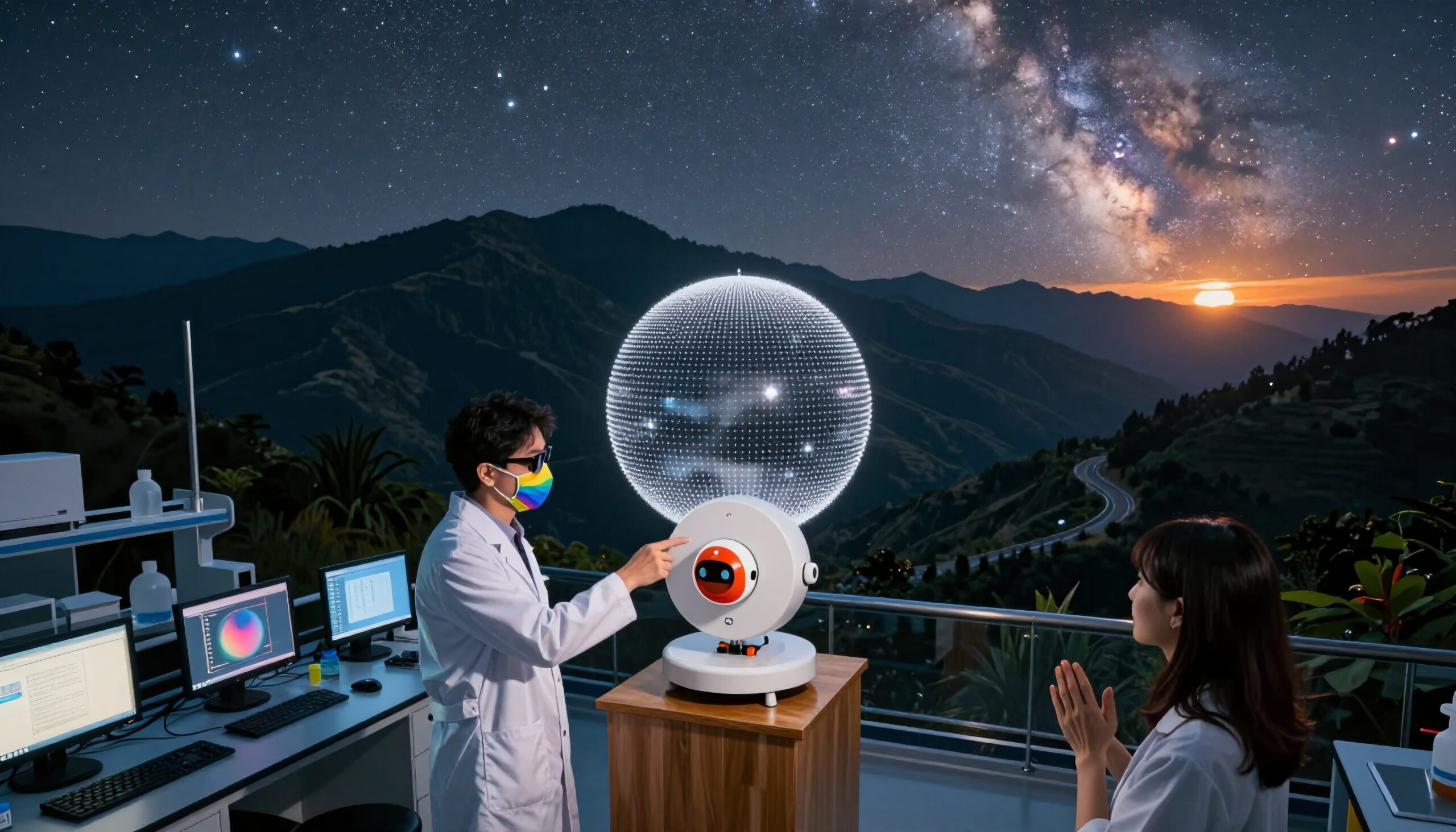 Laboratory scientists conducting experiments with a celestial backdrop and advanced technology.