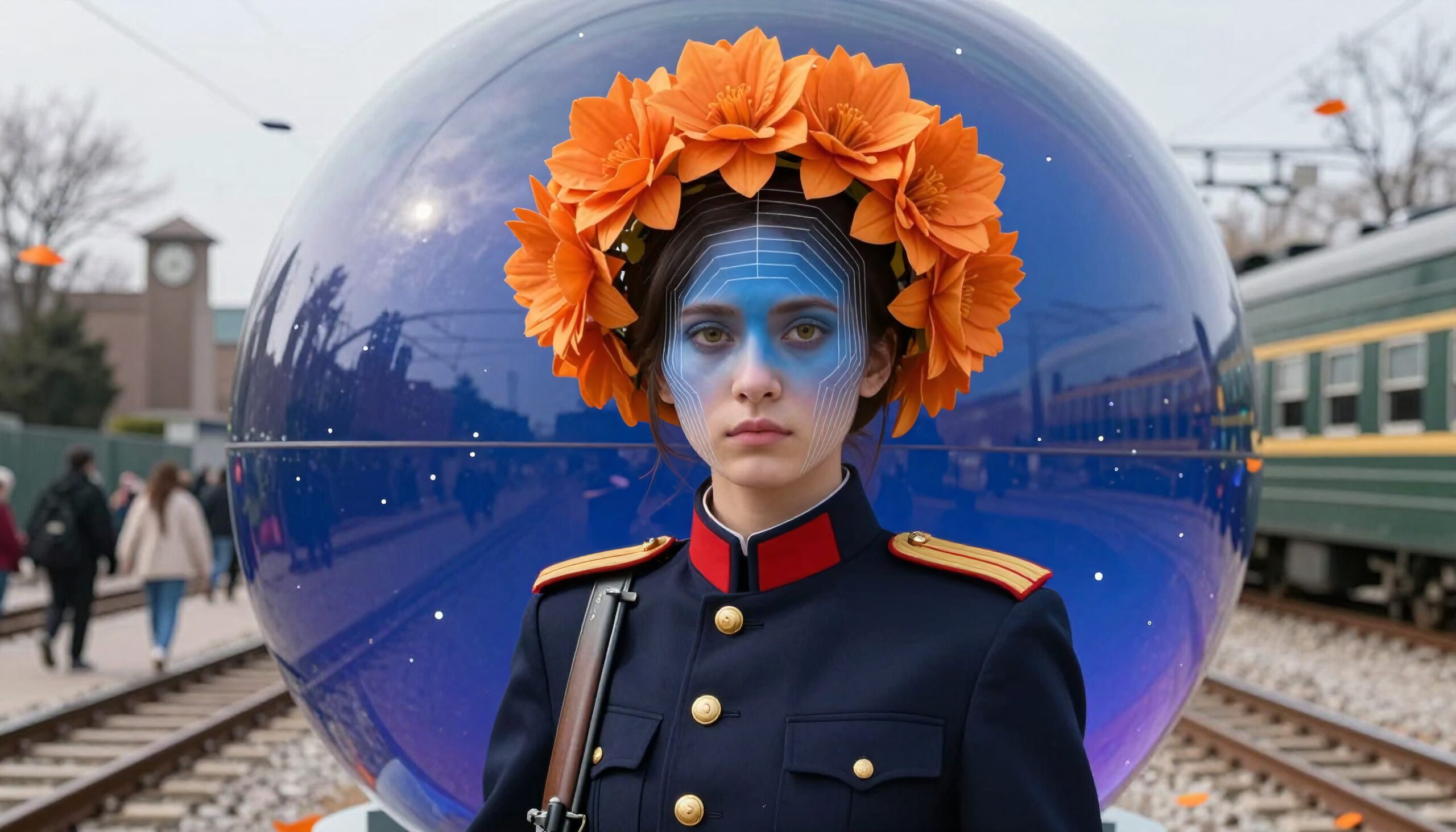 A woman in a military coat with blue face paint and flower crown stands before a reflective sphere at a railway, creating a surreal scene.