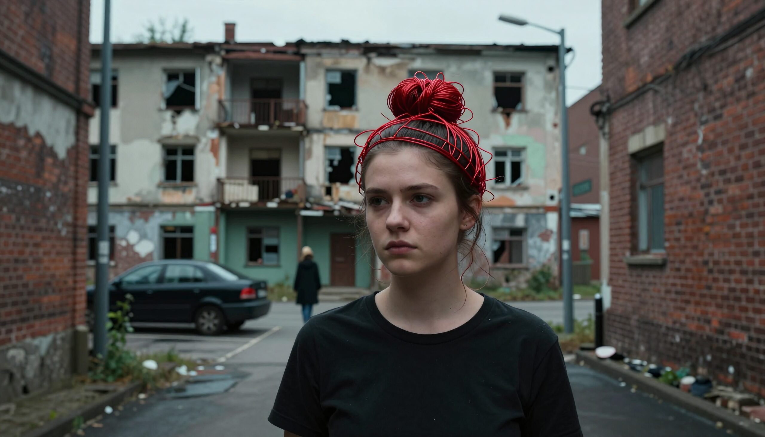 A young woman stands in front of a decaying building, wearing a red wire headpiece.