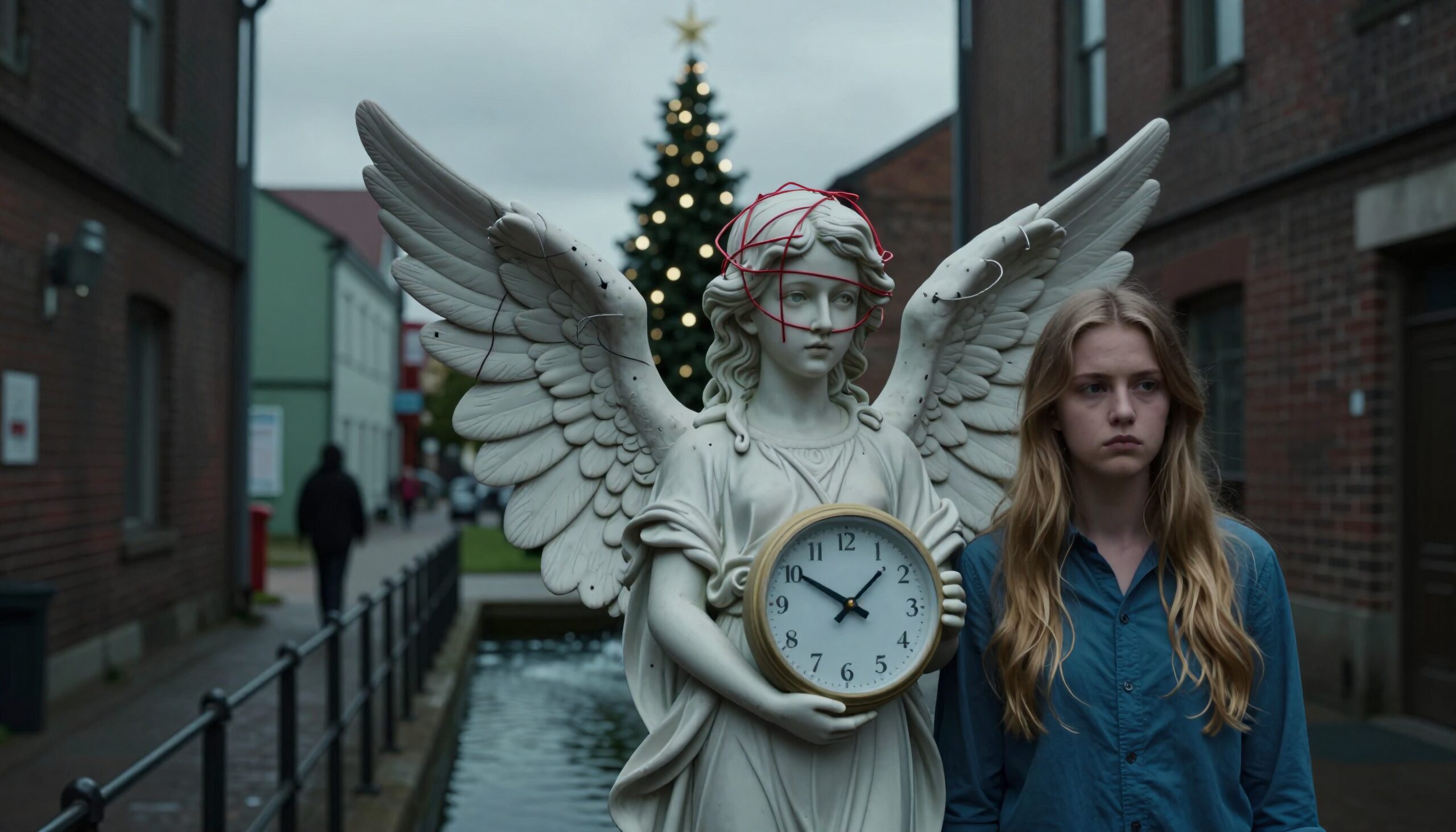 Young girl and angel statue with clock on overcast day in urban setting.