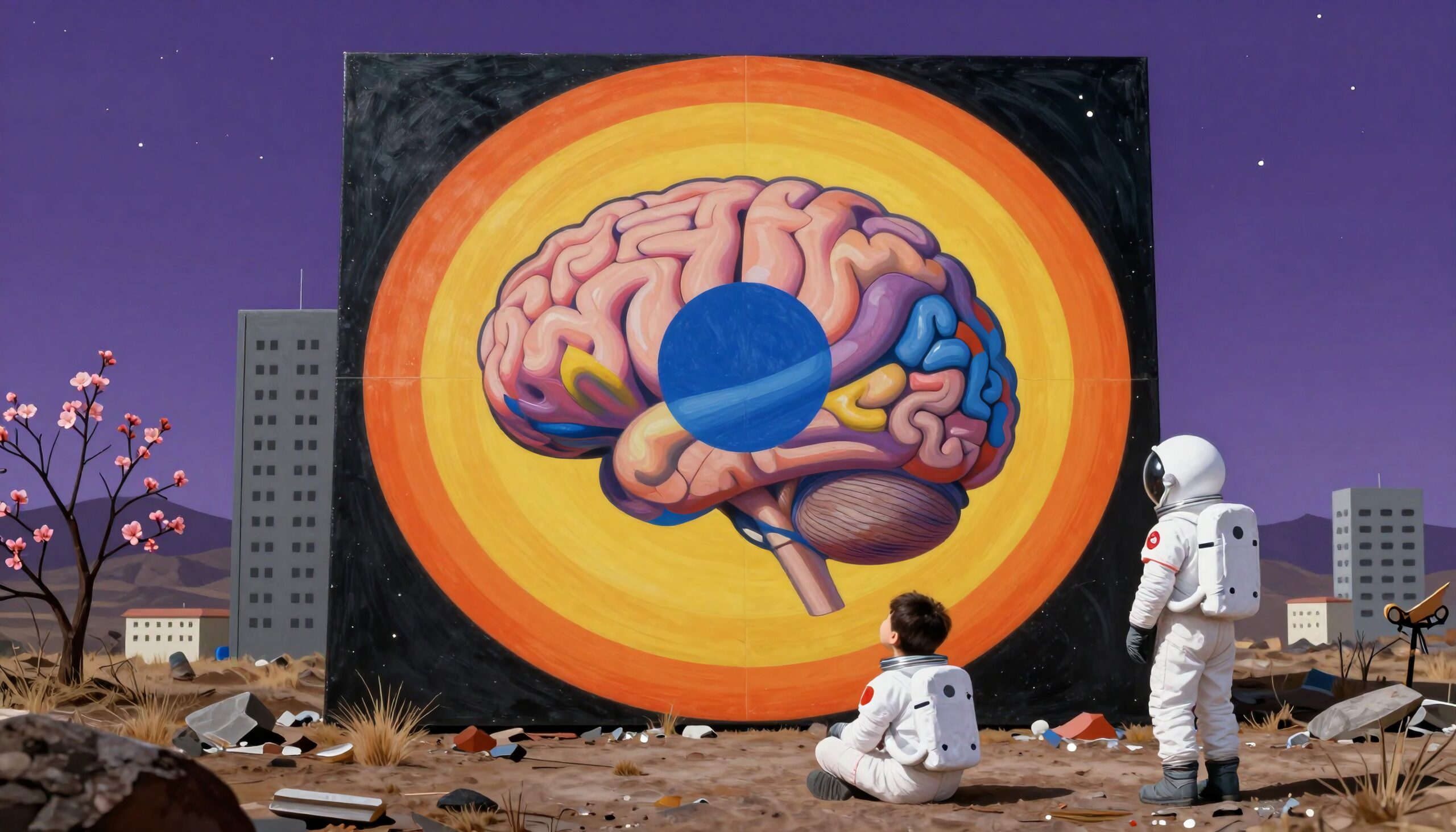 Two astronauts admire a colorful brain mural on a Martian landscape at night.