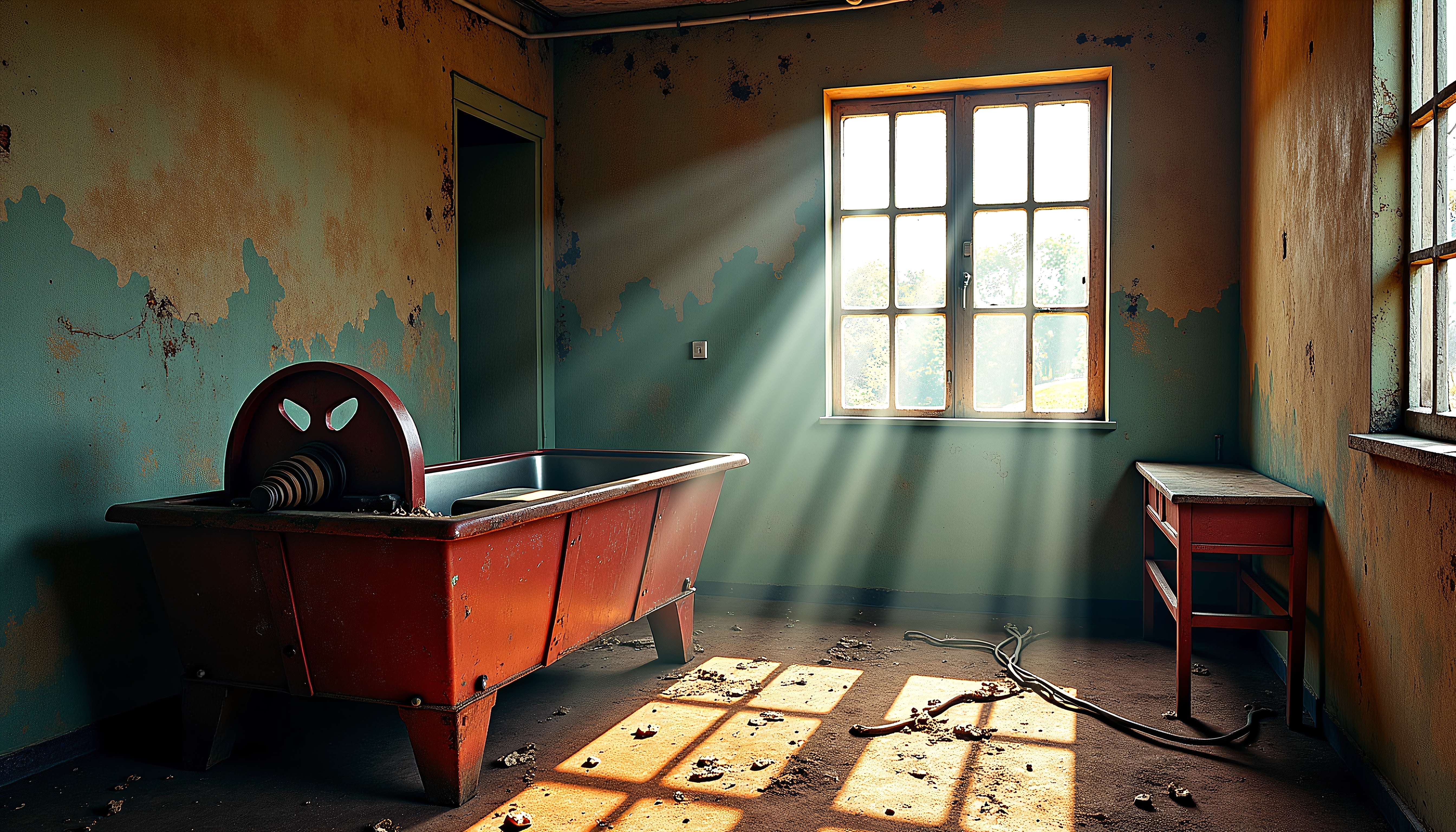 Abandoned room with sunlight streaming through windows, illuminating rustic red bathtub, peeling walls, and dusty floor.