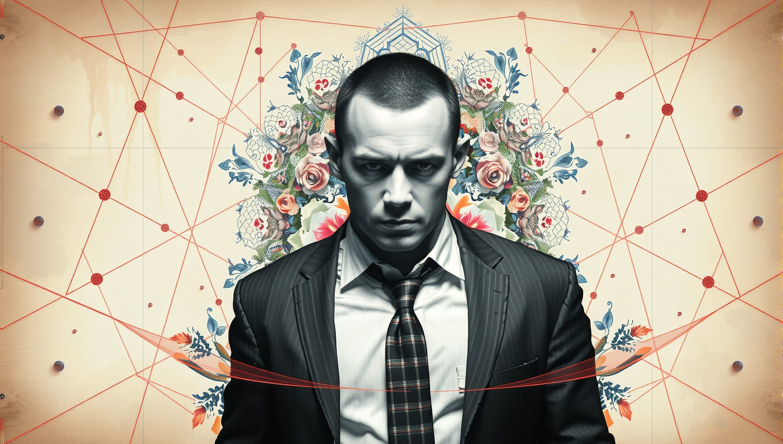 Man in suit with geometric floral background.
