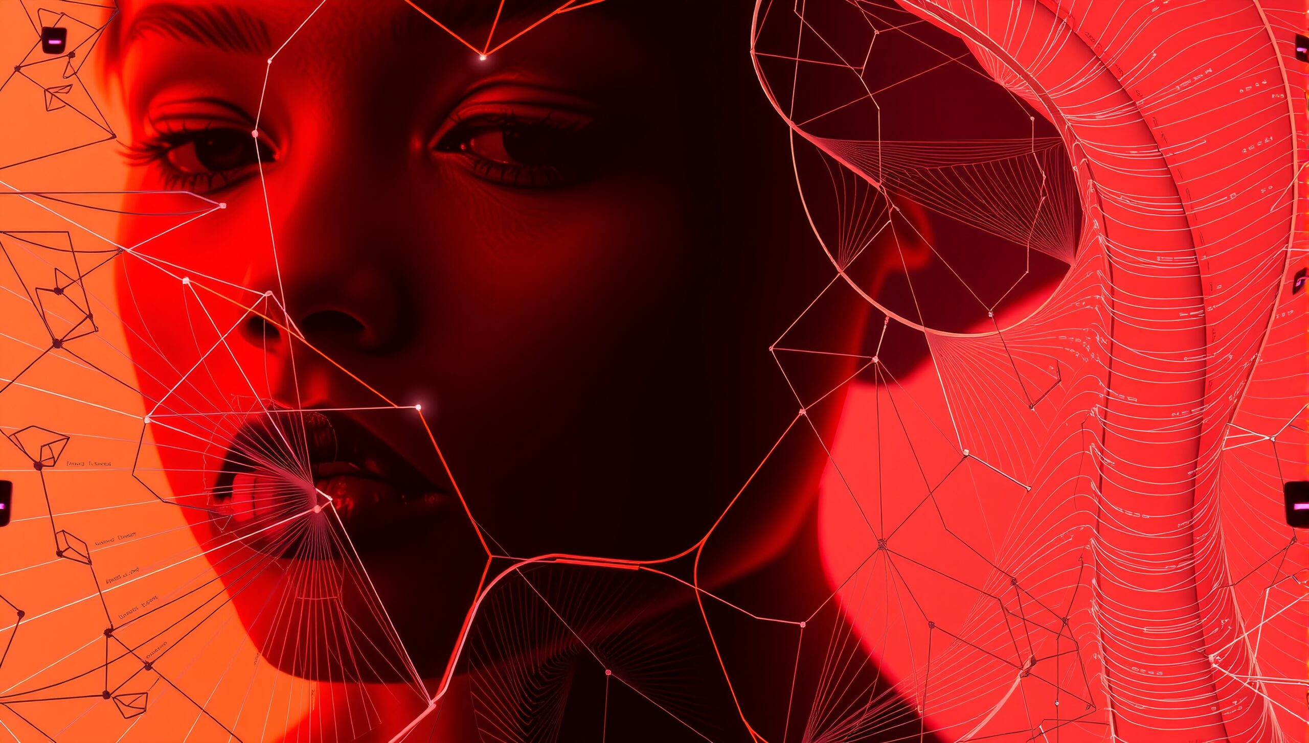 A digitally rendered face with geometric lines on a red background, evoking a futuristic and technological theme.
