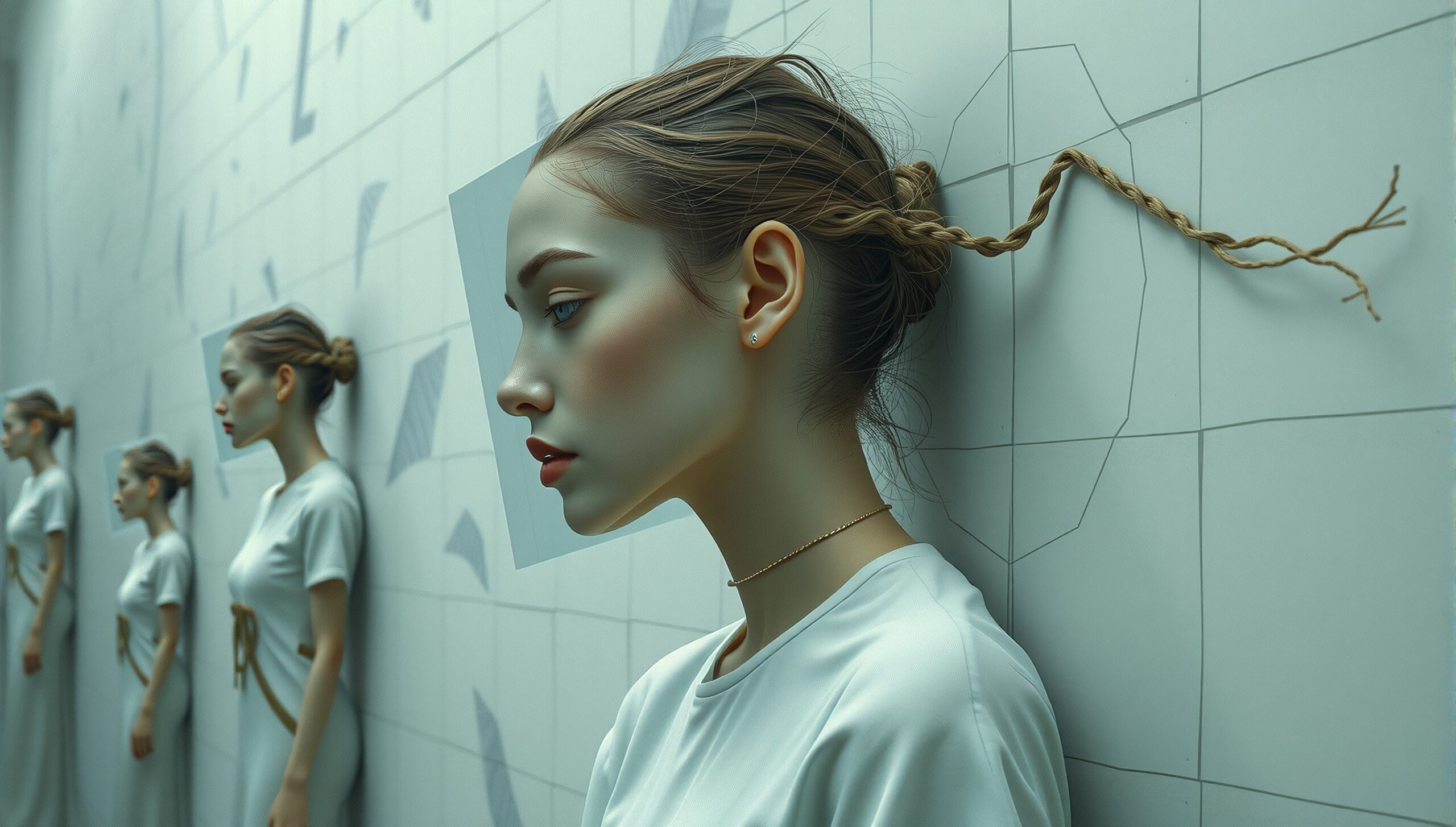 A surreal portrait of women with braided hair standing against a geometric wall backdrop, emphasizing themes of identity and repetition.