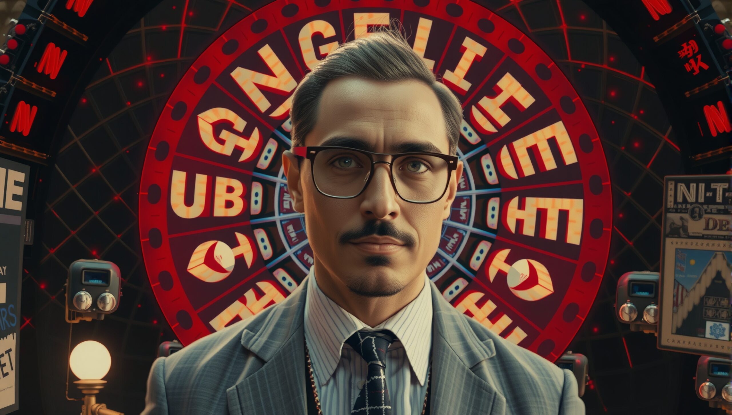 A man in glasses stands before an illuminated wheel in a colorful setting conveying seriousness and professionalism.