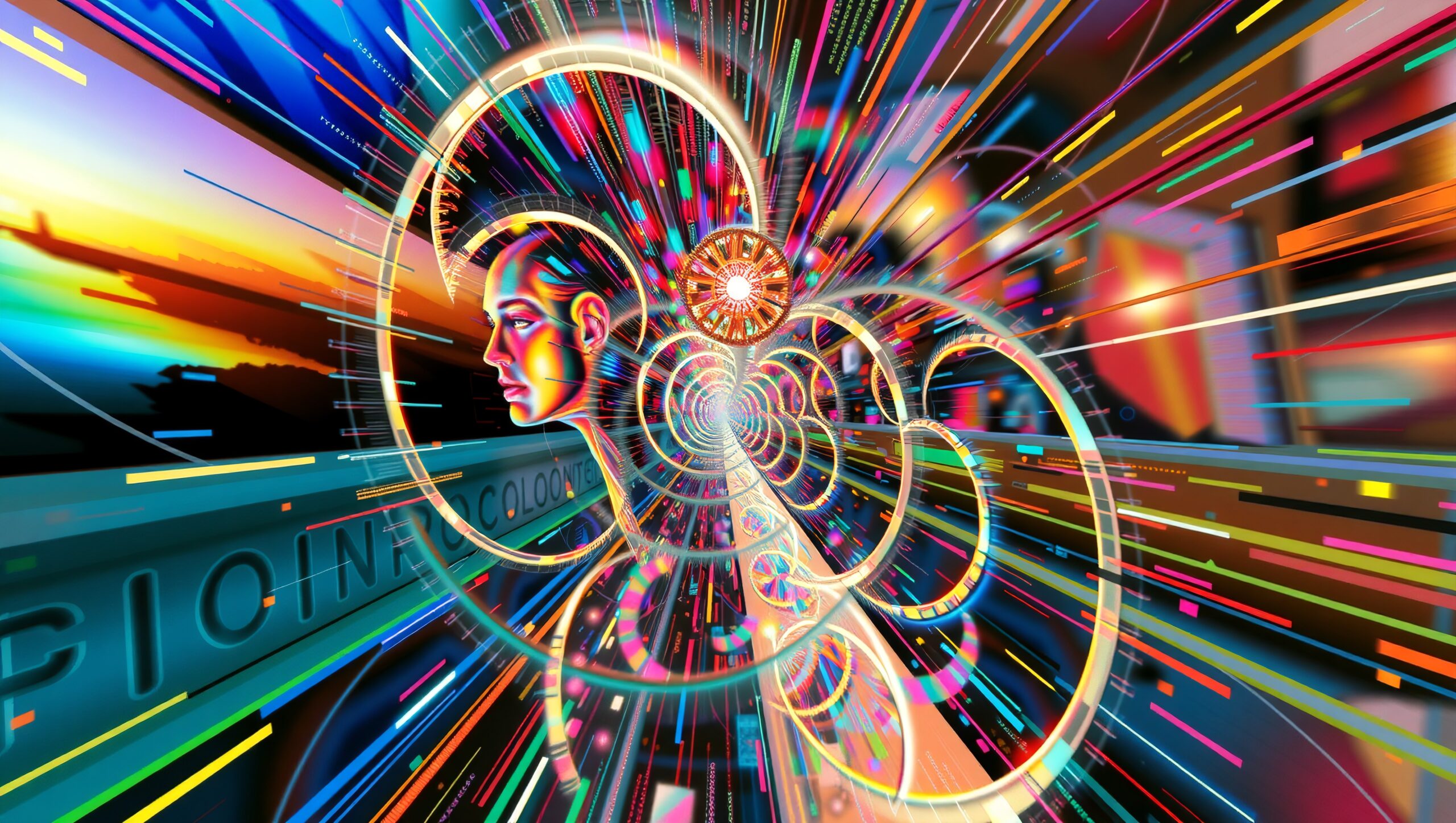 A vibrant, futuristic digital artwork featuring a colorful human face and a dynamic tunnel with light trails.