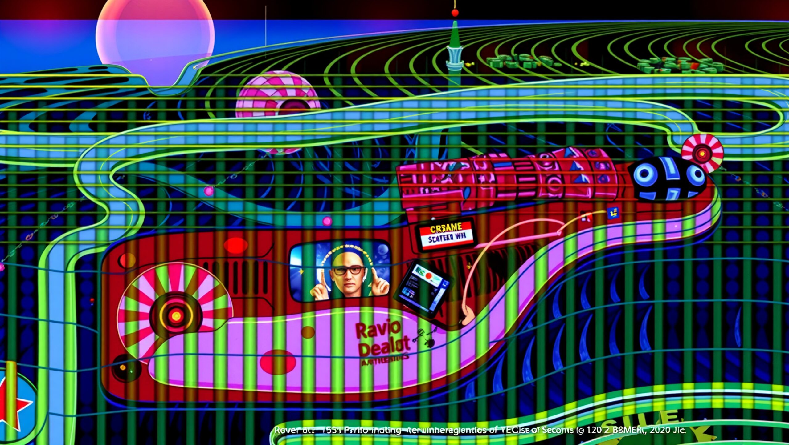 Vibrant futuristic landscape with neon pathways and geometric elements.