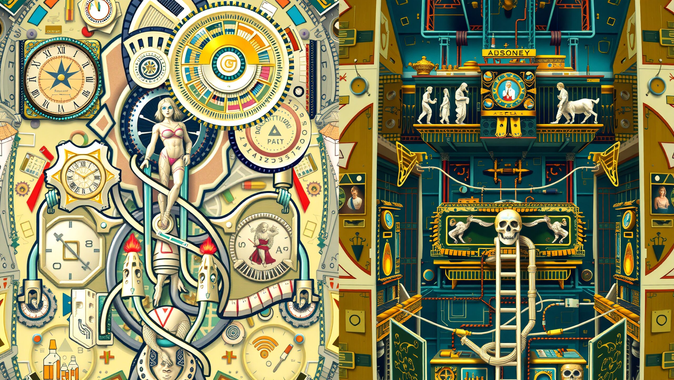 A colorful surreal illustration merges timekeeping with futuristic elements, featuring intricate gears and symbolic icons.