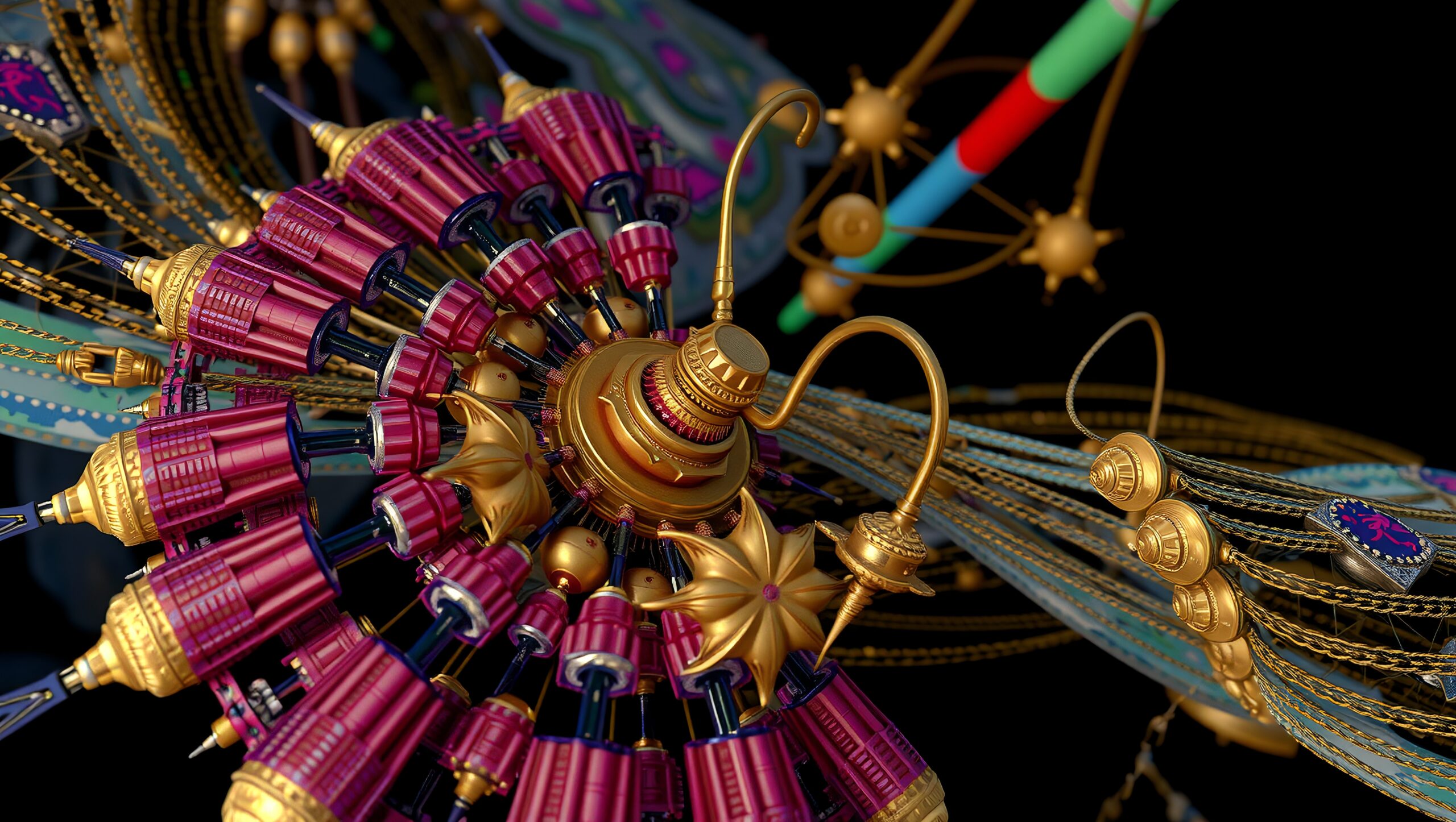 A colorful abstract mechanical design featuring intricate details and vivid contrast against a black background.