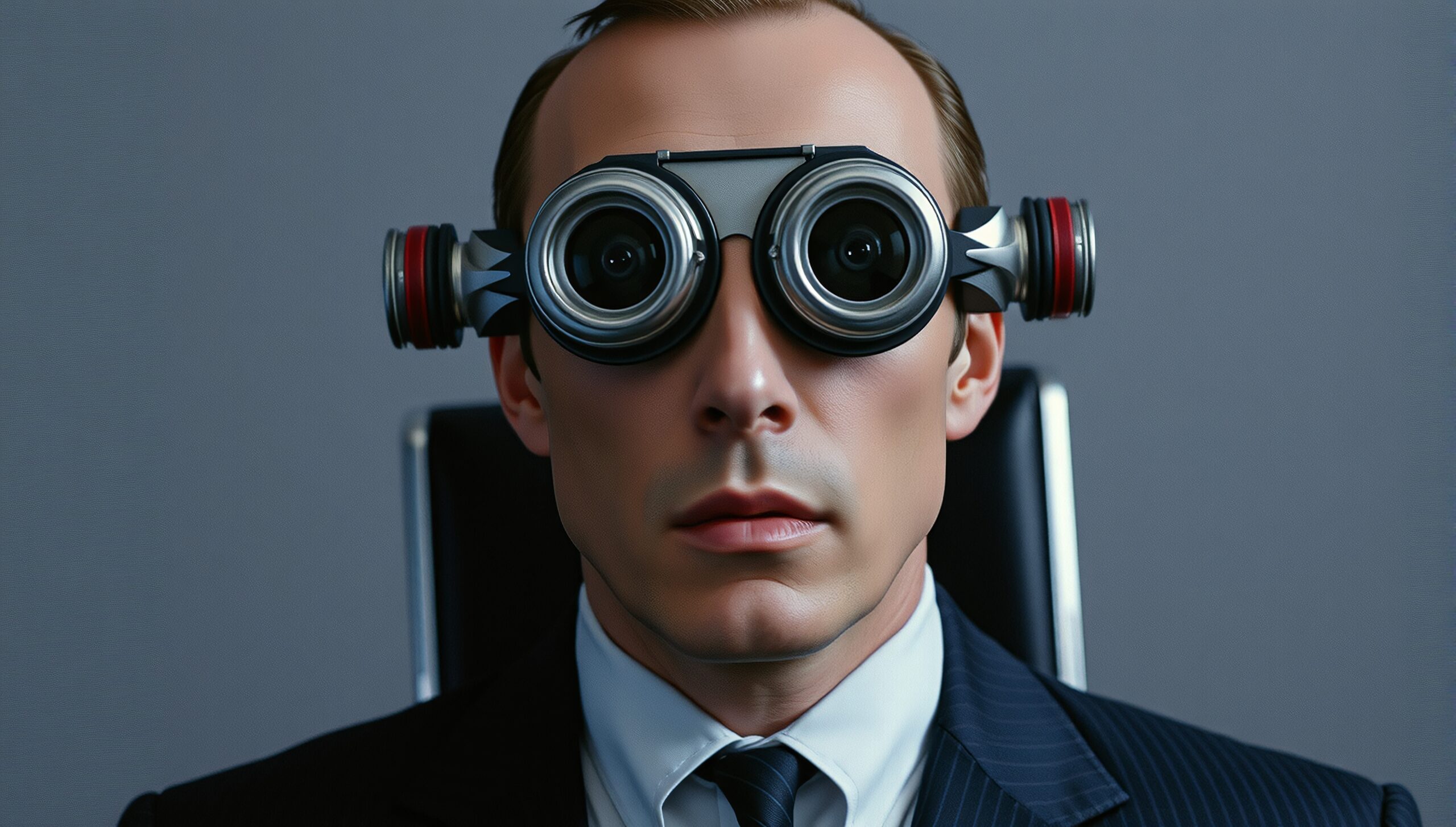 A businessman wearing futuristic goggles.