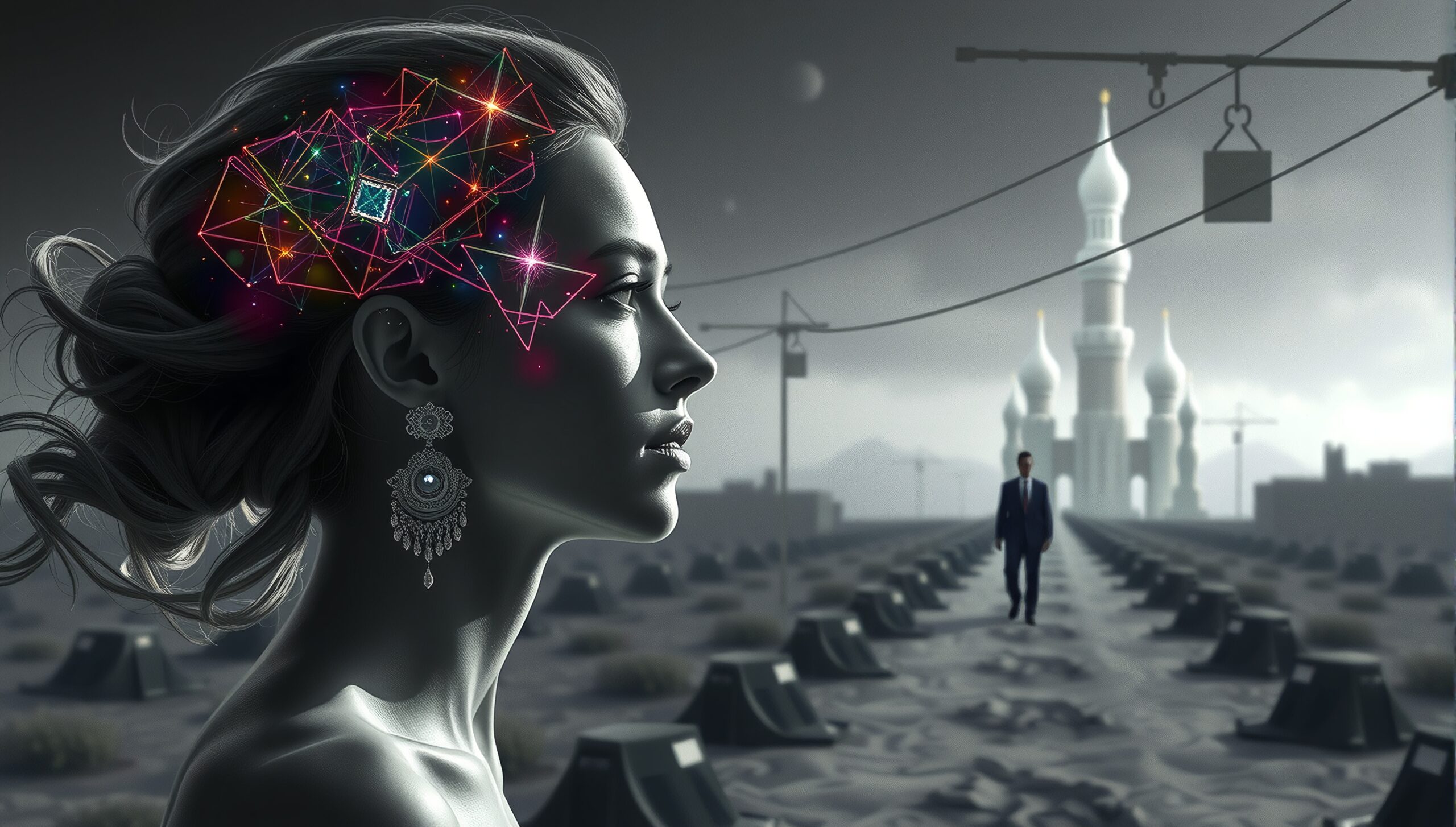Elegant profile woman with vibrant geometric design against a surreal architectural backdrop.