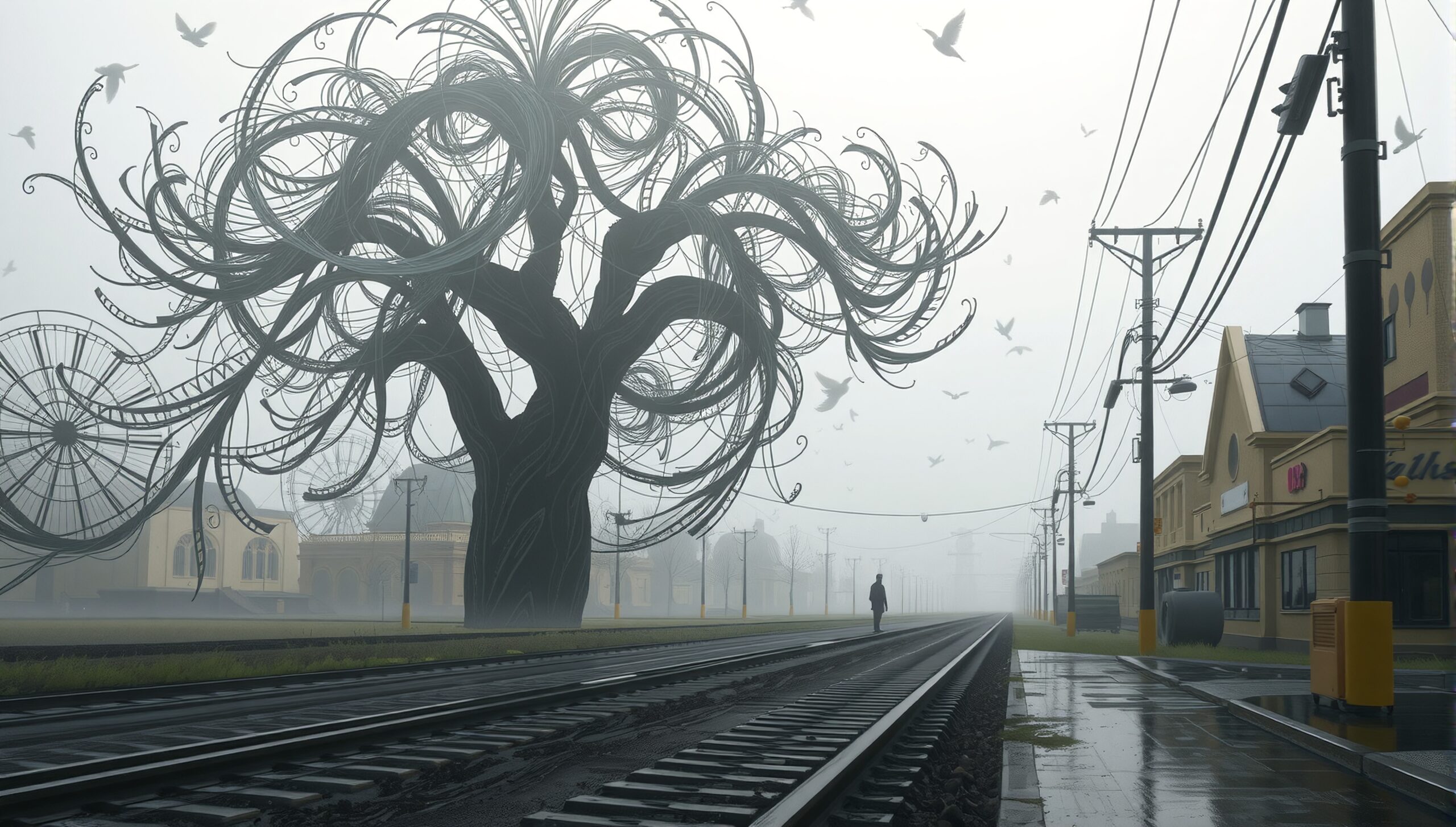 A lone figure walks on railway tracks under an intricate tree in a foggy, surreal landscape.