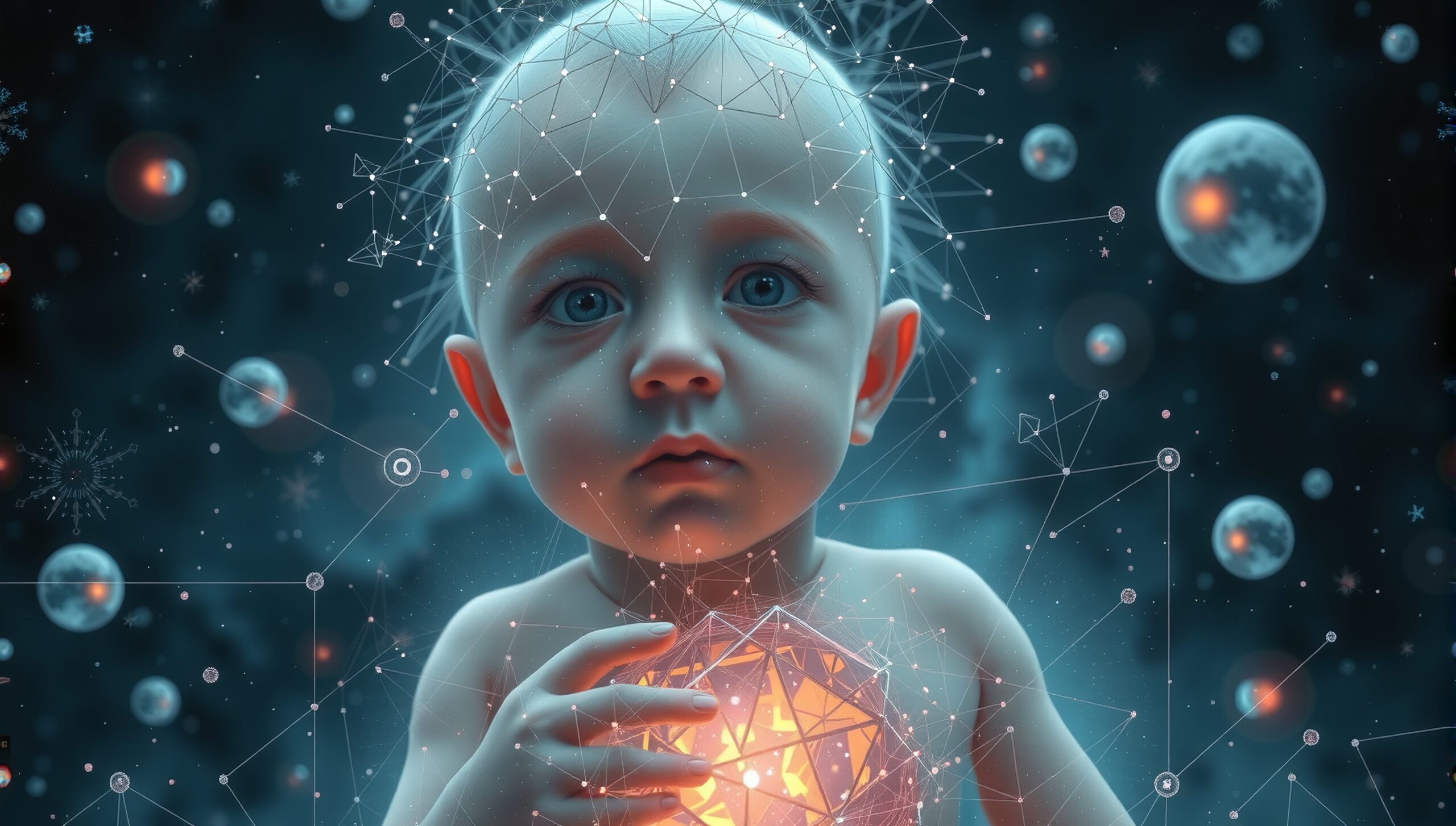 A baby holding a glowing geometric shape in a cosmic, futuristic setting.