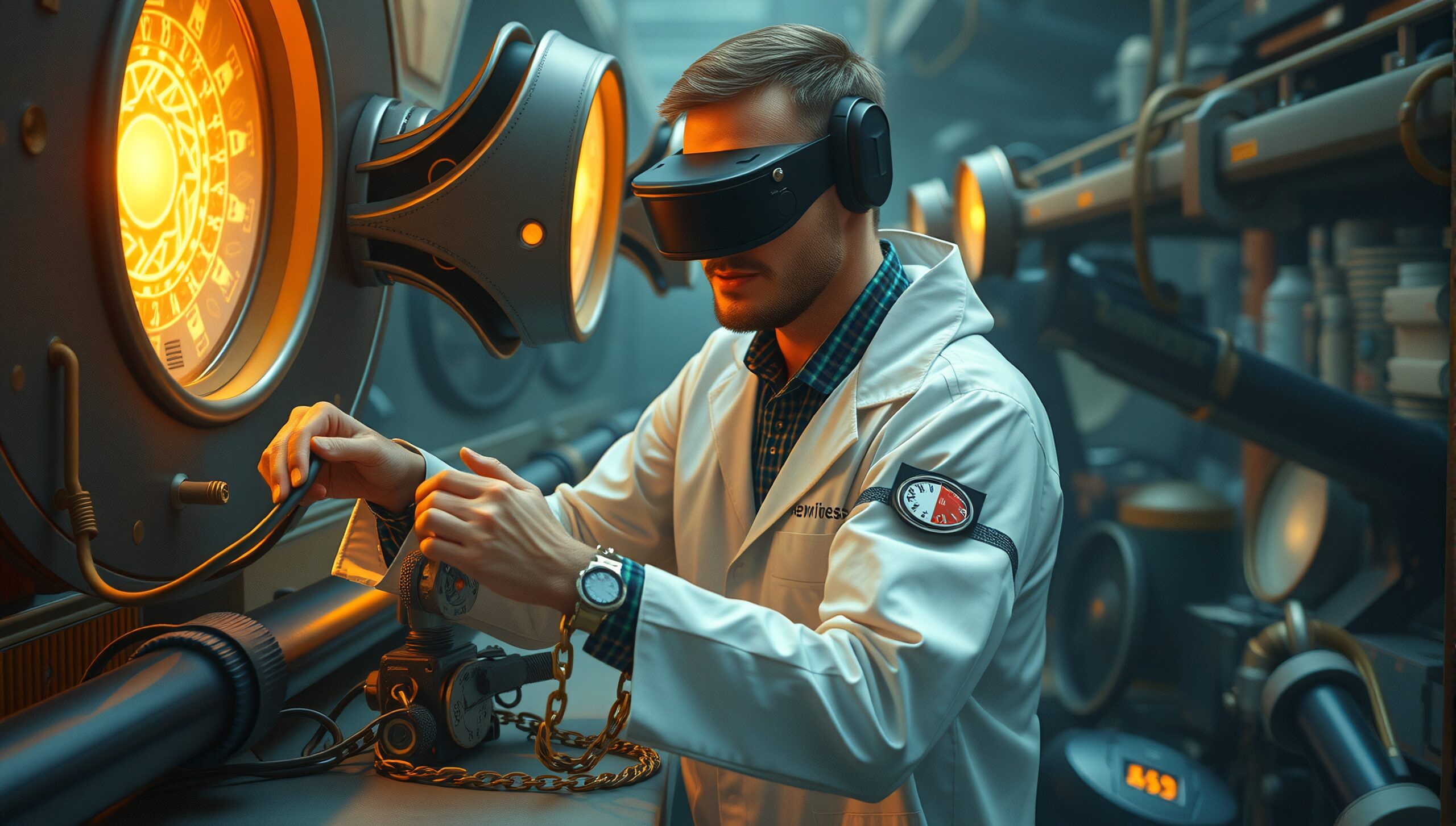 Man using VR headset in steampunk-themed industrial environment.