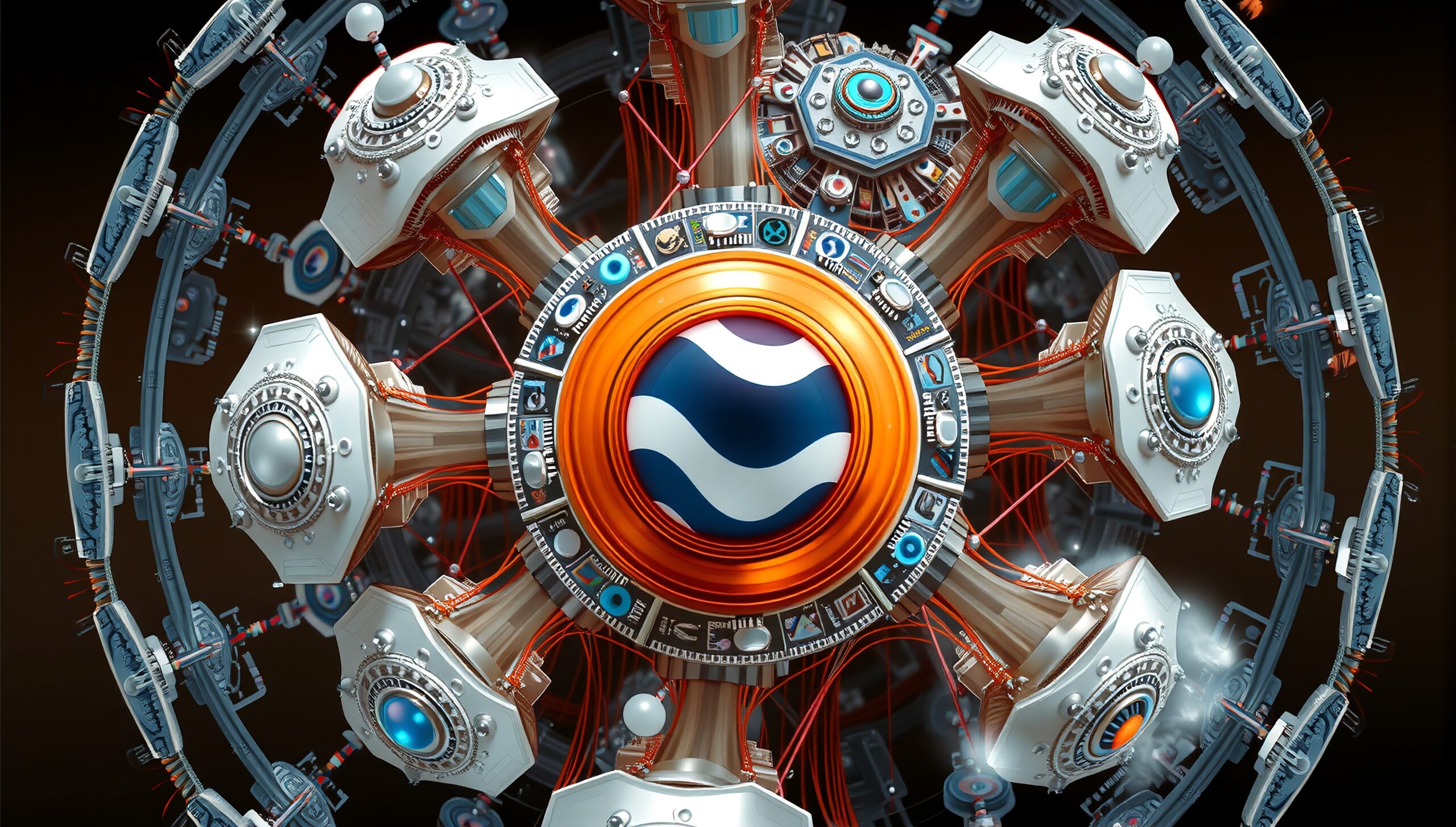 Futuristic sphere with intricate mechanical and electronic design.