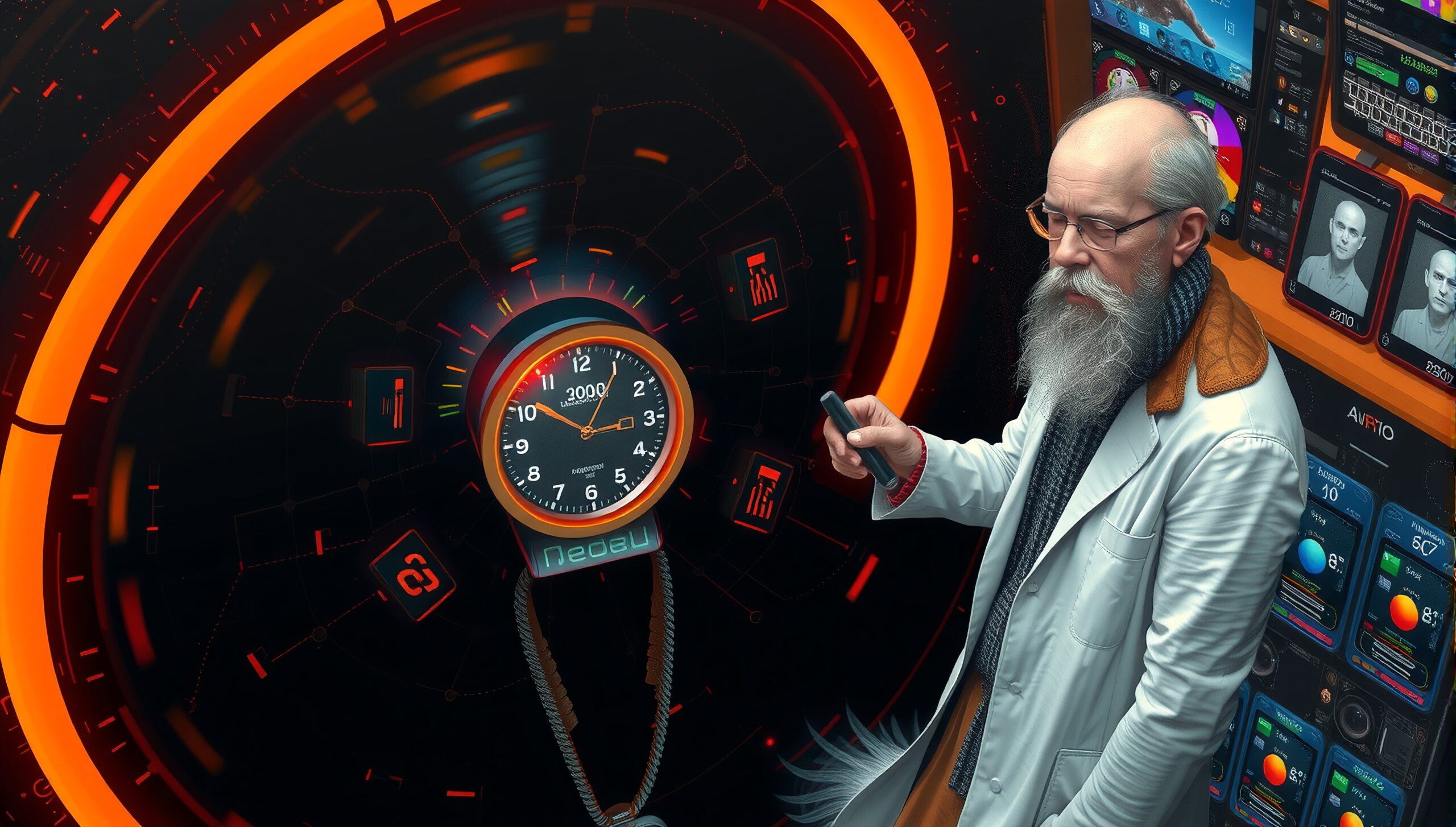A bearded man operates advanced control tech.
