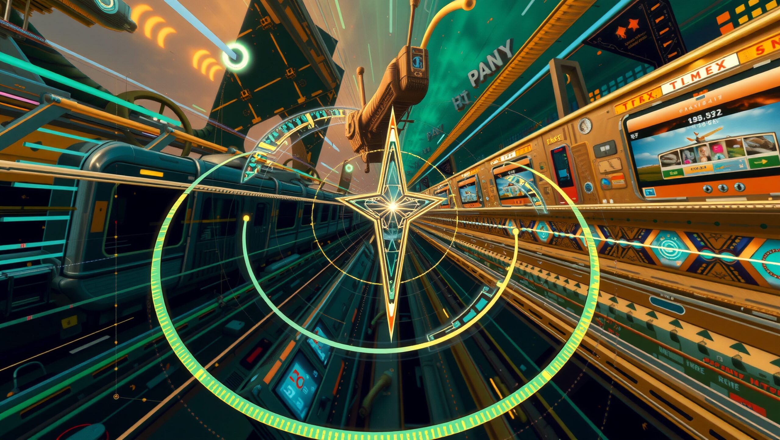Vibrant futuristic train station with glowing geometry.