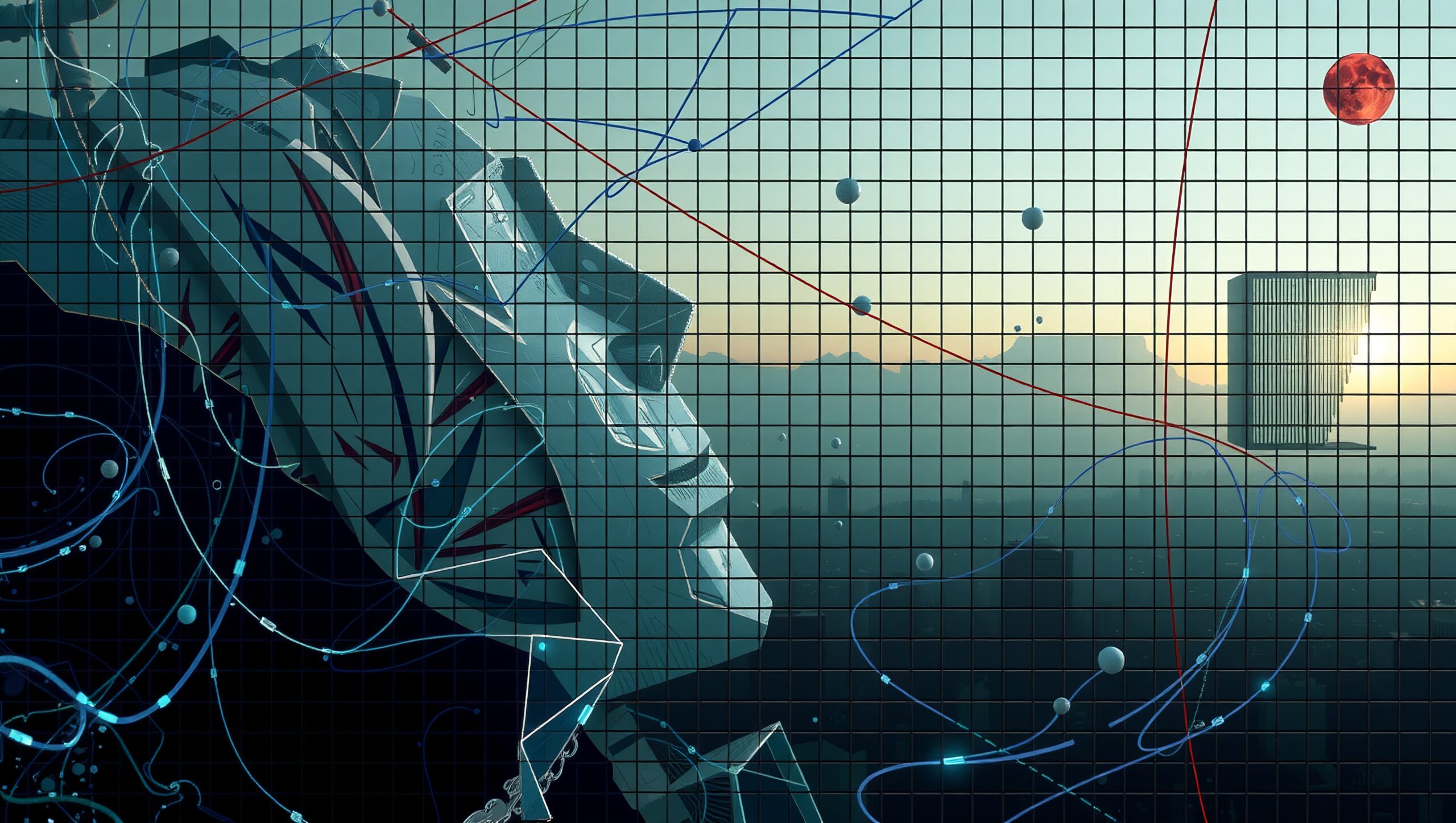 Abstract digital landscape with geometric face, celestial background, and dynamic data lines conveying futuristic technology concepts.