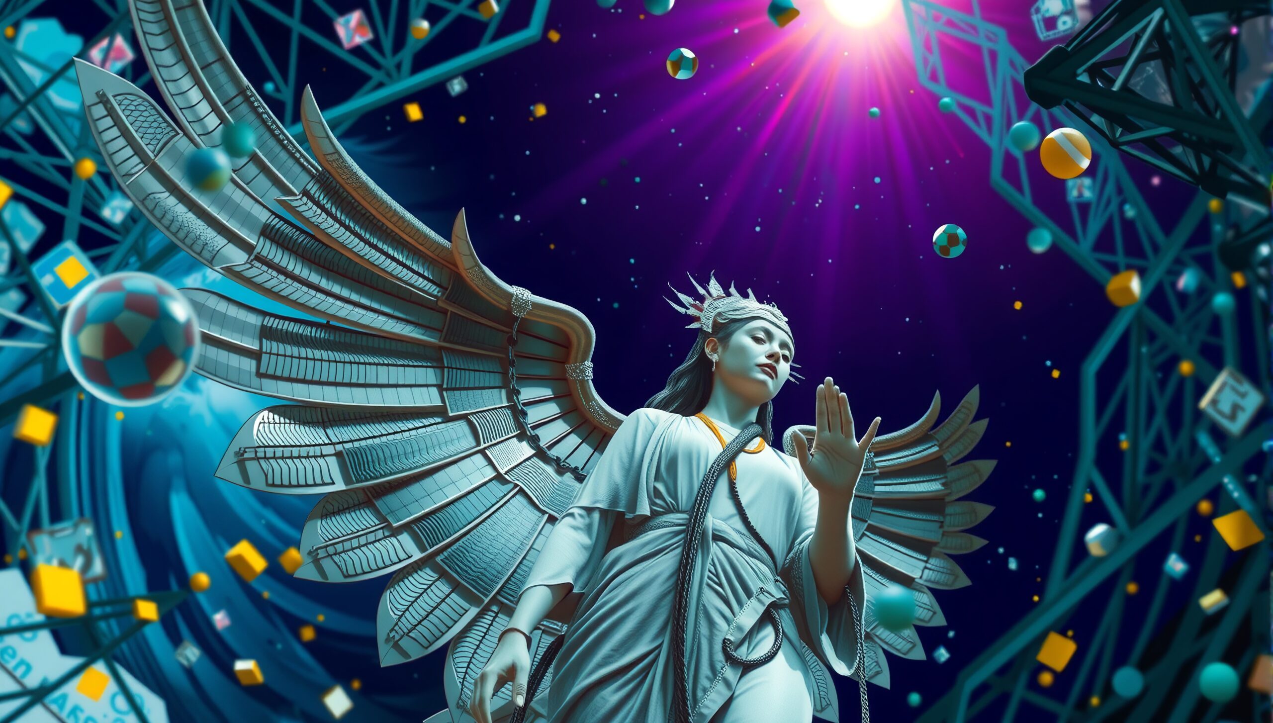 Digital sculpture of winged statue amidst cosmic geometric shapes and radiant light in a futuristic scene.