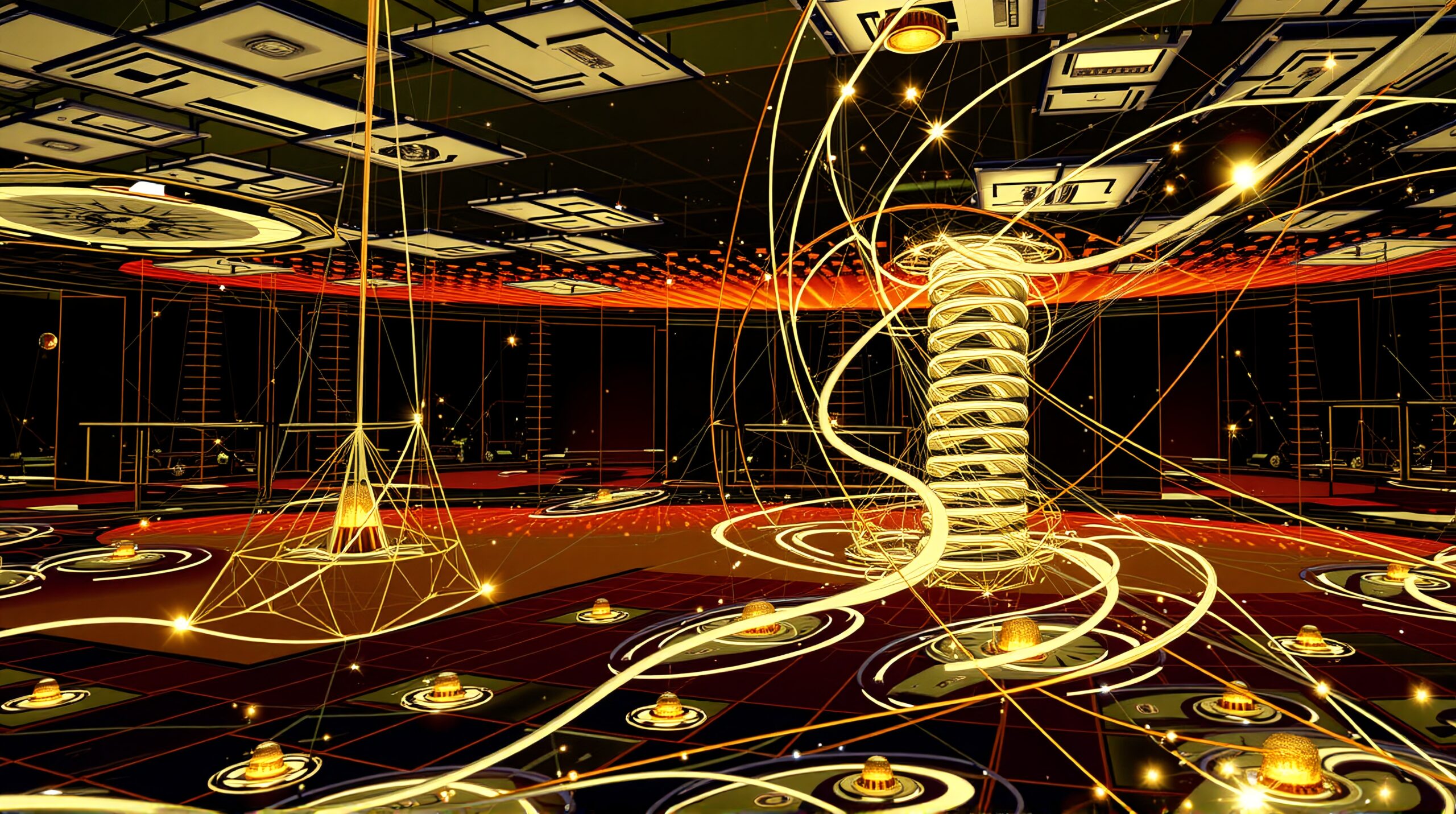Futuristic digital interior with spiraling luminous tendrils.