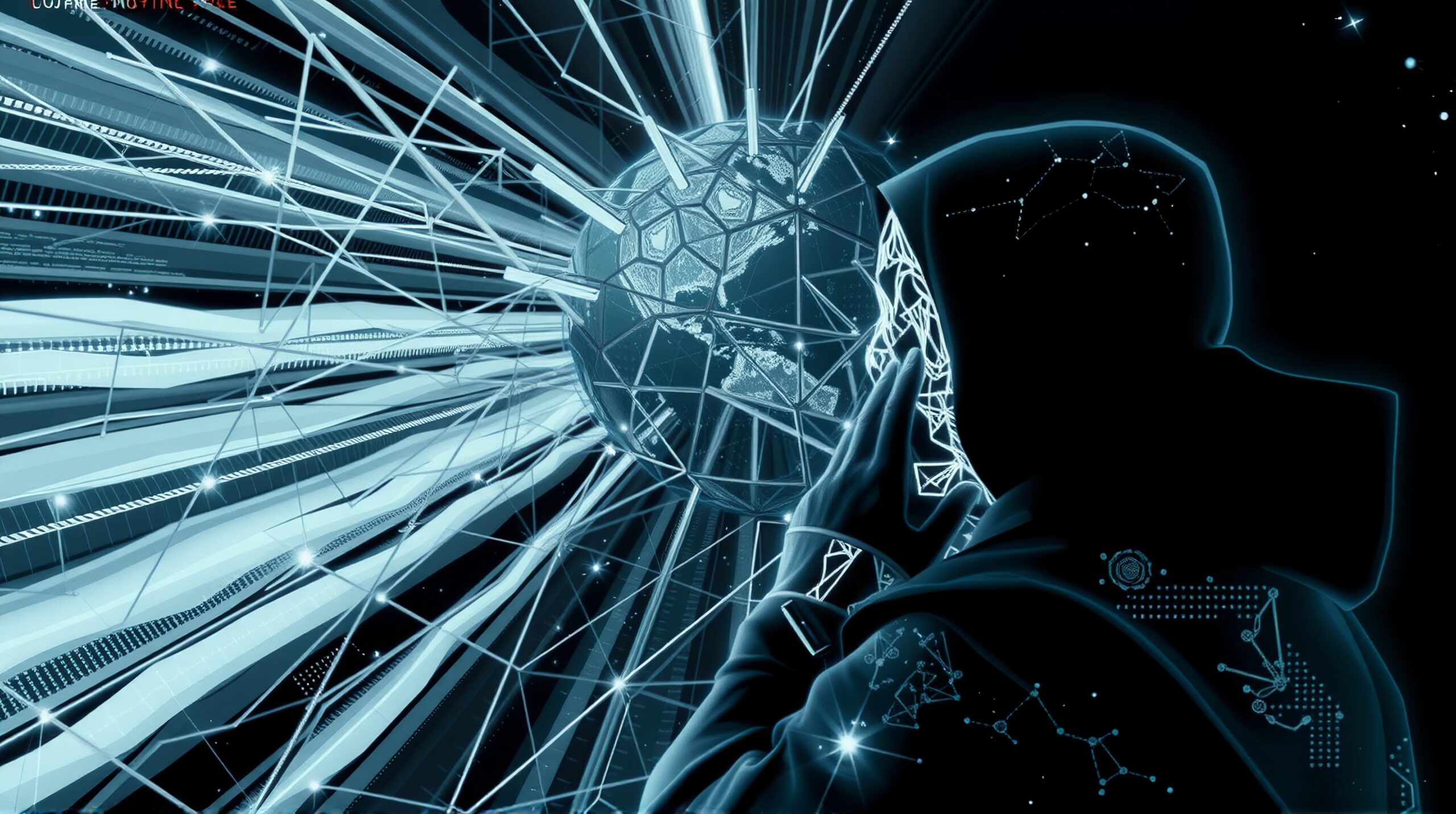 Futuristic digital artwork showing a hooded figure interacting with a networked globe, symbolizing global data exchange.
