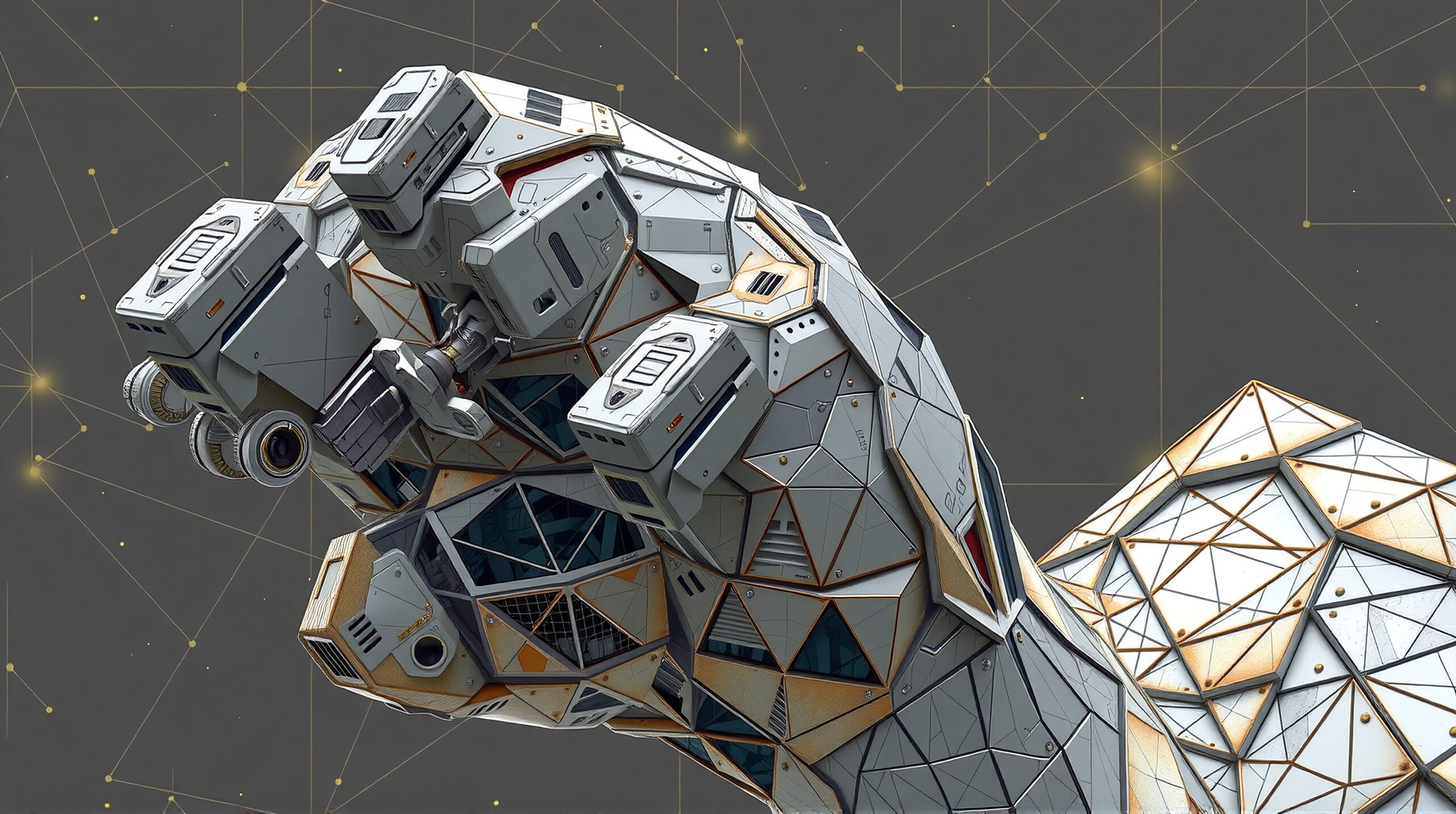 A detailed and futuristic robotic fist with geometric panels and a high-tech background.