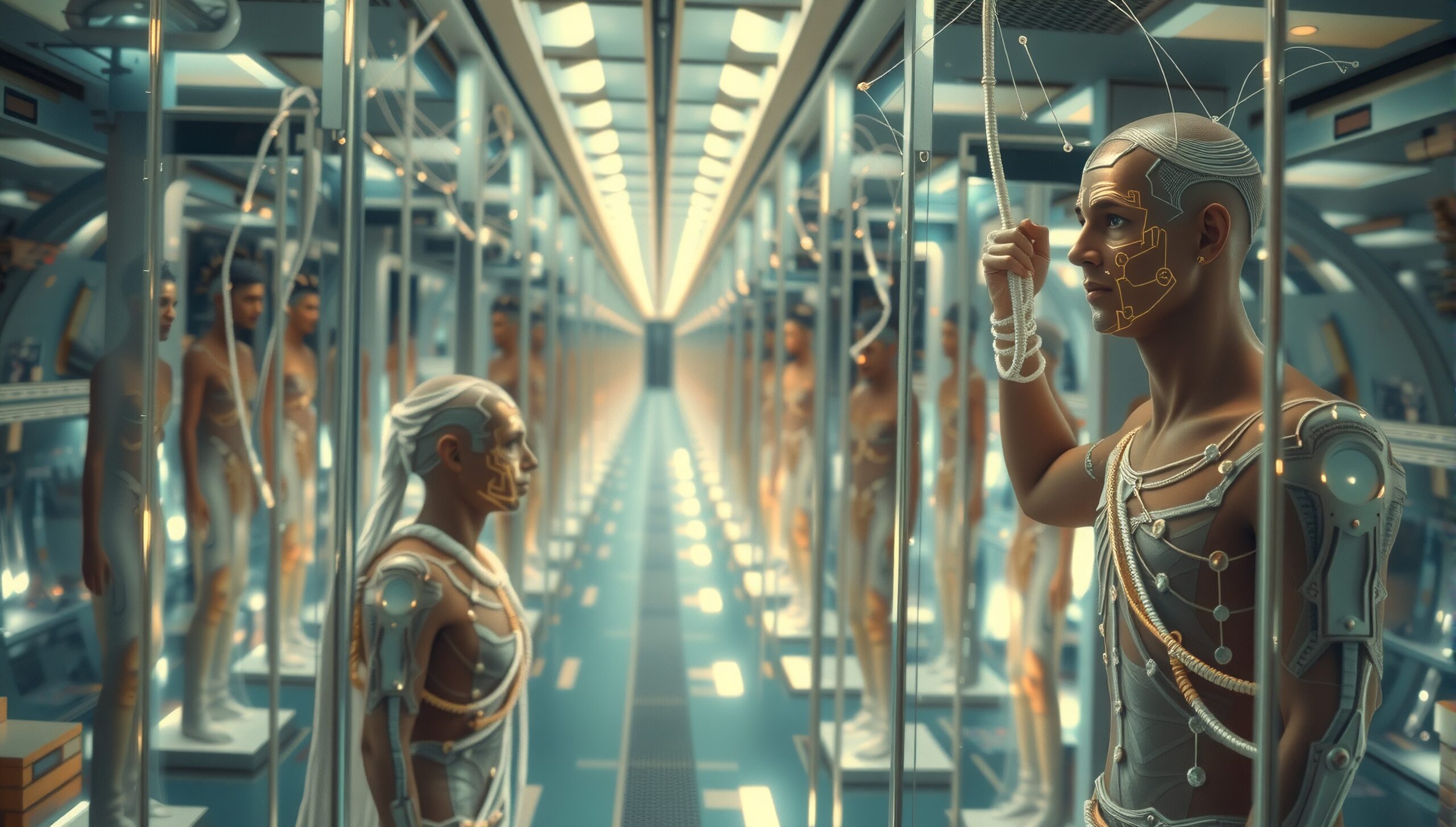 Futuristic humanoid figures in a high-tech corridor.