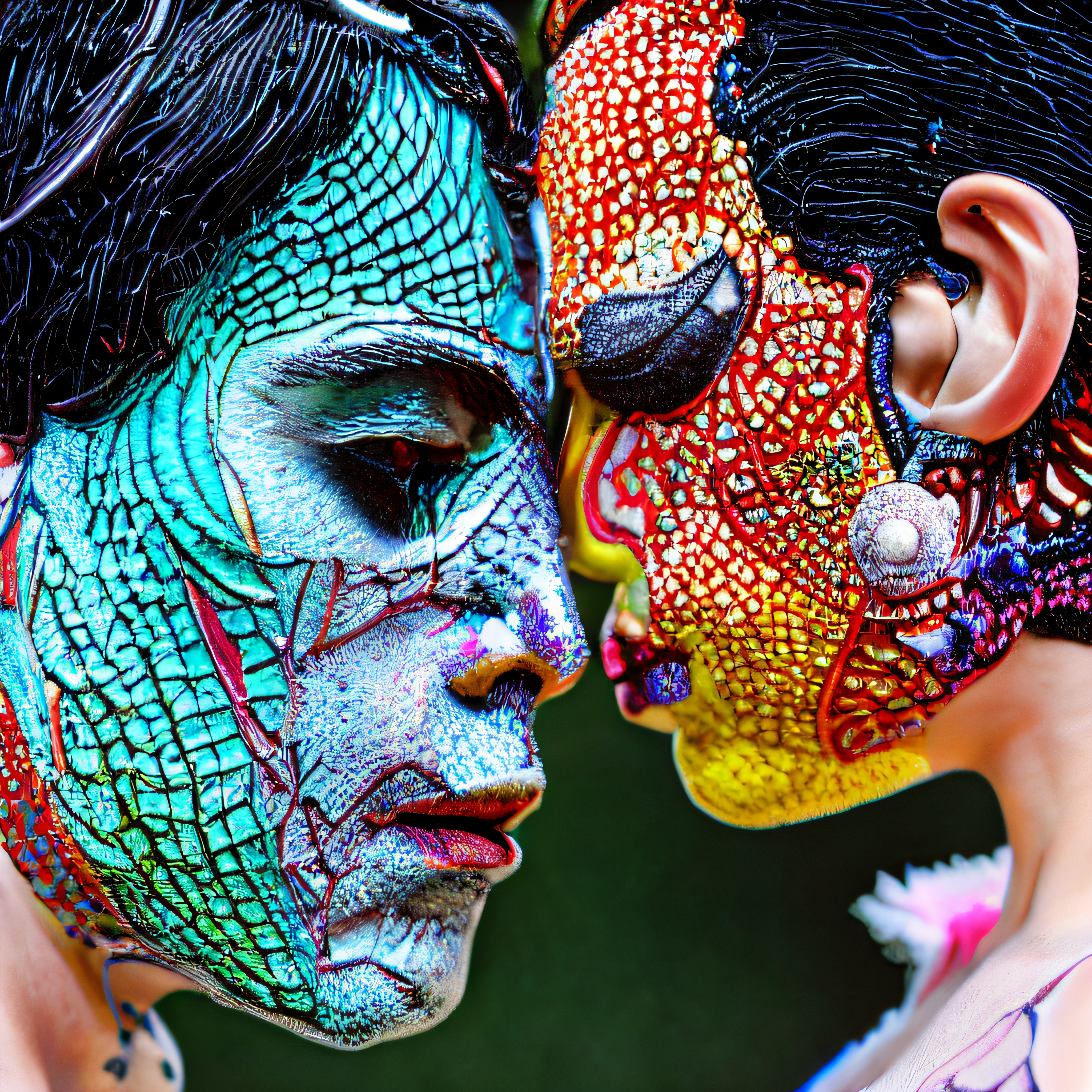 Two individuals with vivid reptilian face paint.
