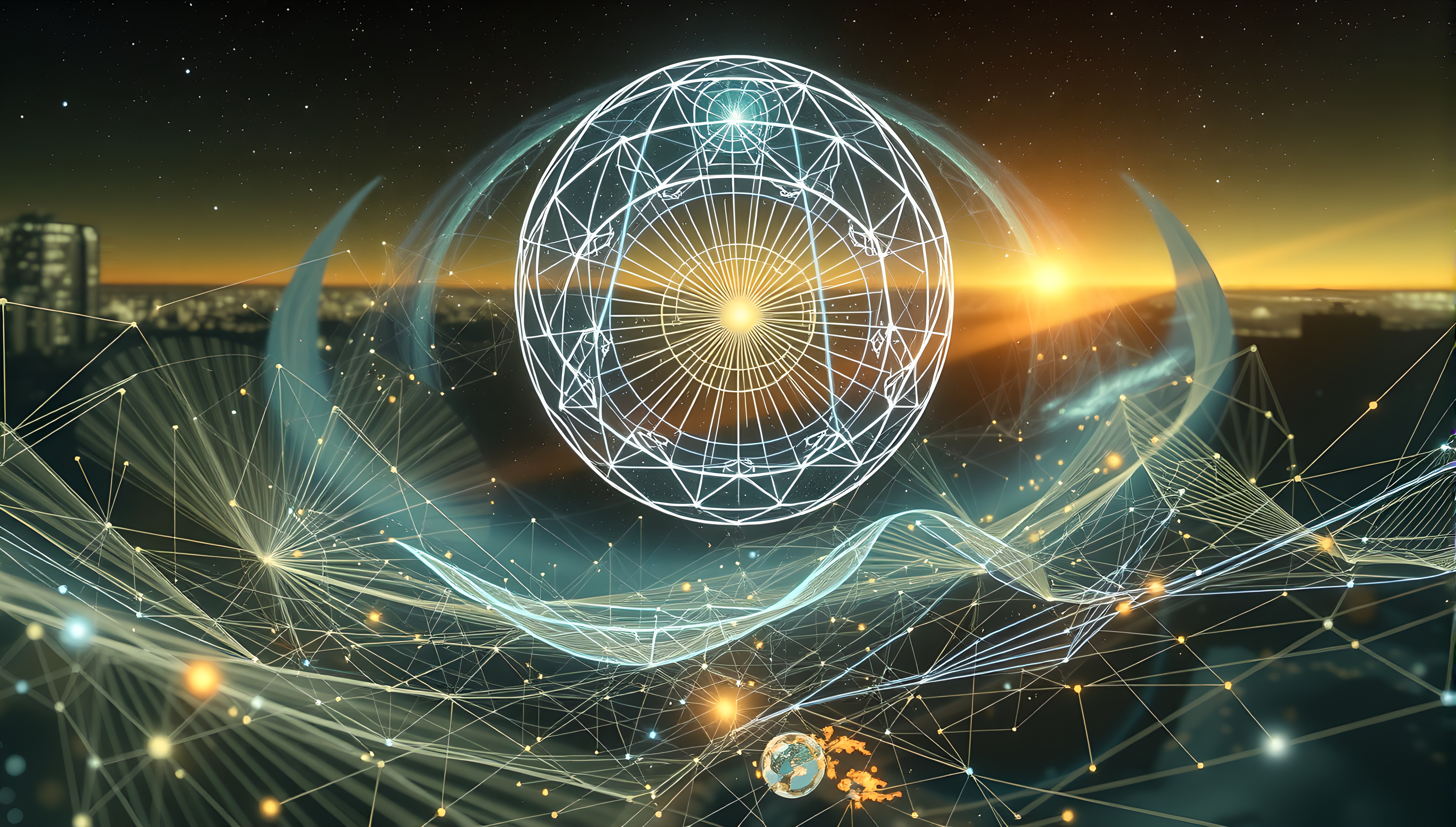 A glowing geometric sphere in an abstract digital landscape with interconnected networks.