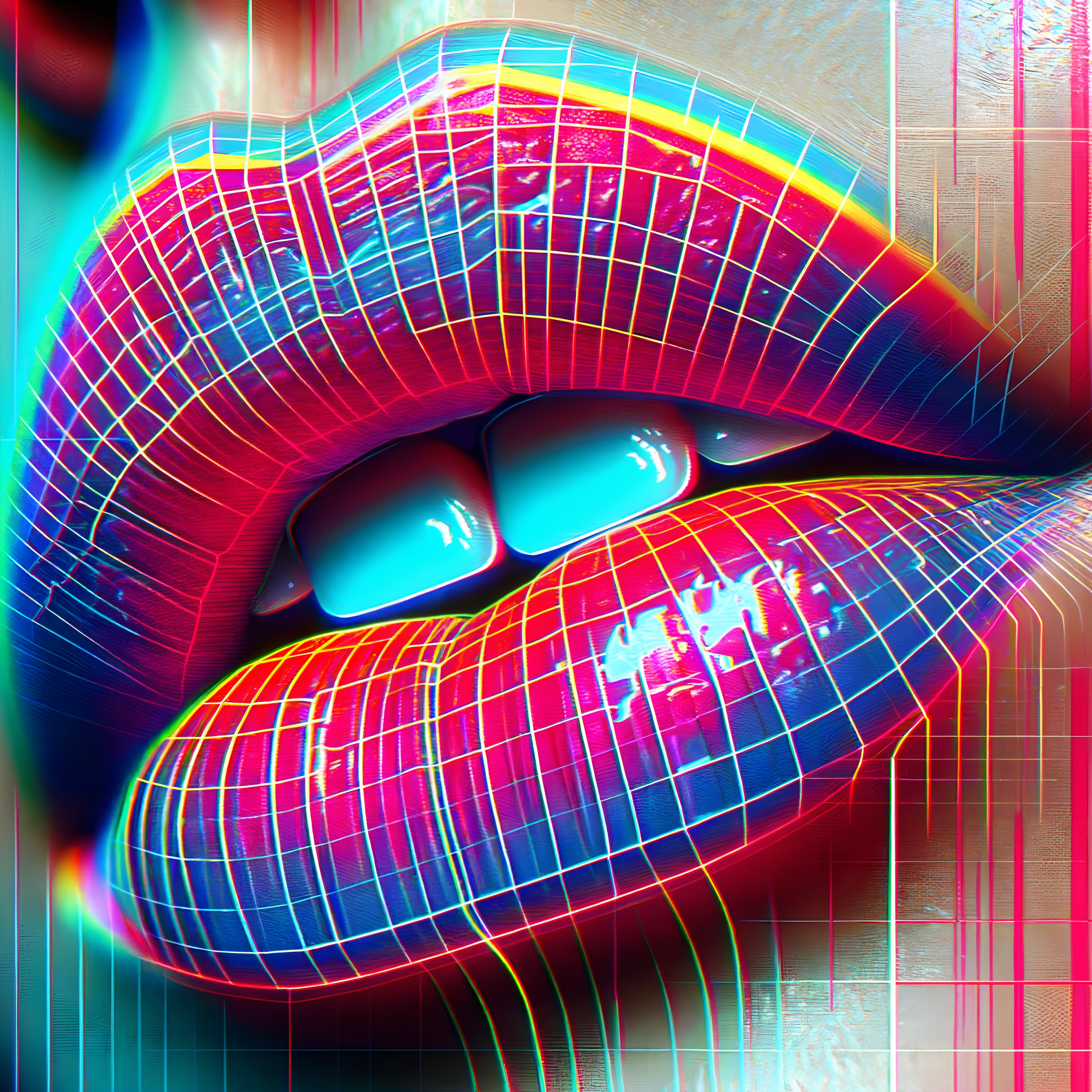 Bright neon digital lips image with colorful, futuristic grid overlay.