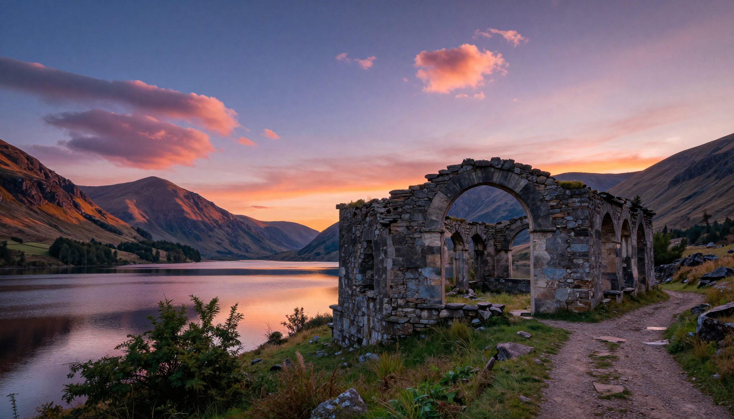 A picturesque sunset with ruins and lake reflecting light against mountain backdrop.