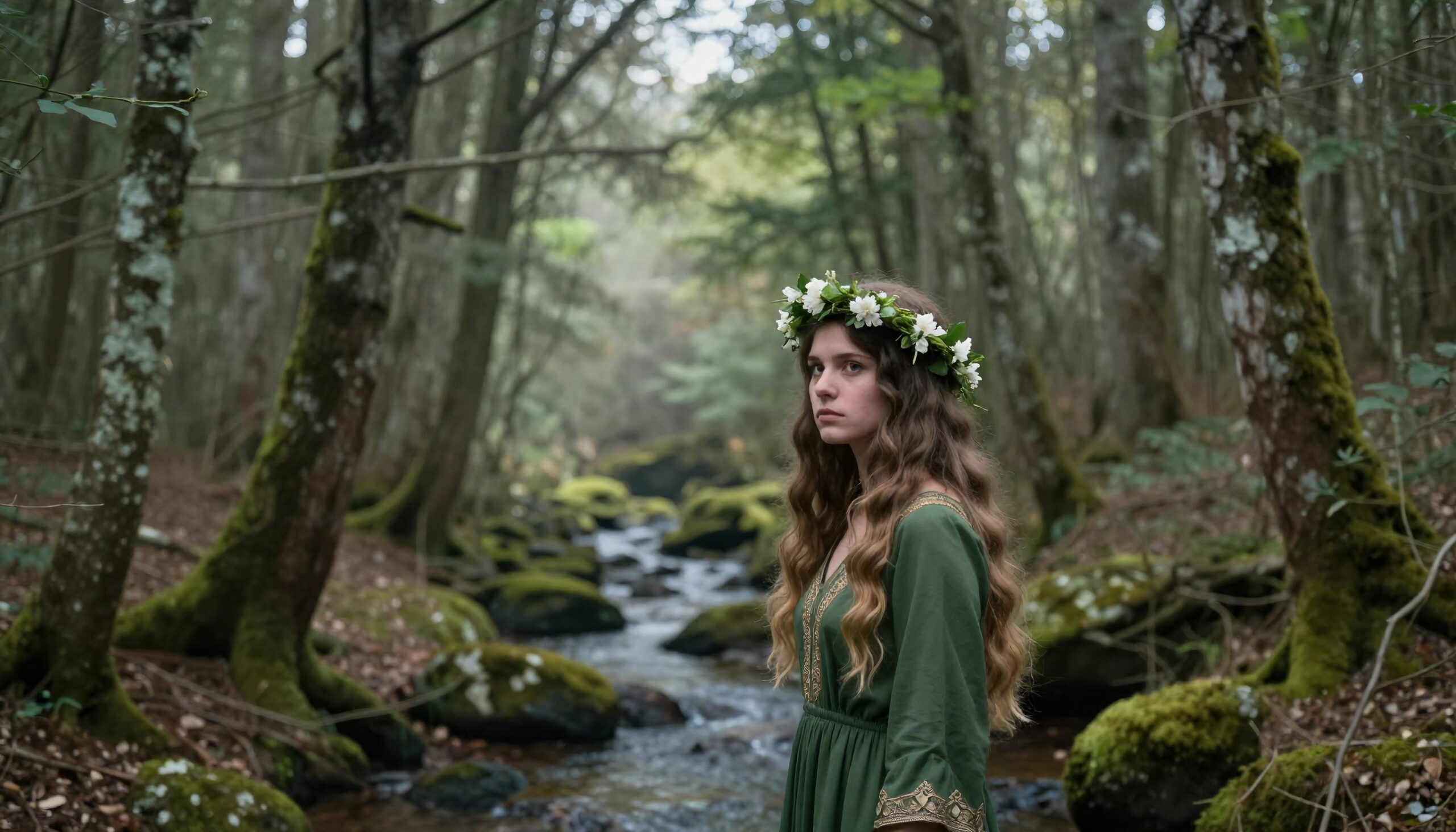 A young woman in a green gown and flower crown stands by a stream in a lush forest.
