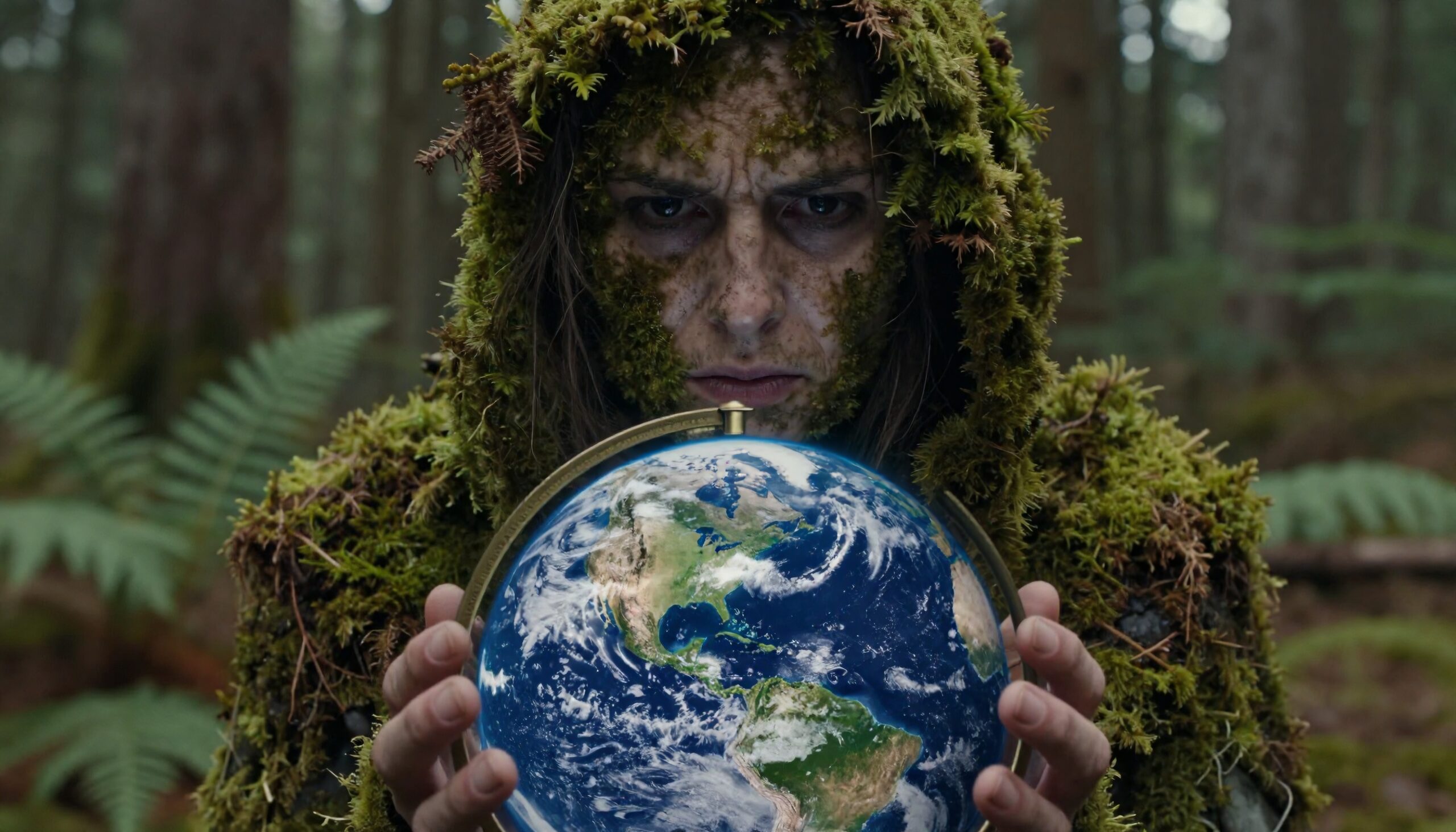 A person covered in moss intently holds a globe in a forest.