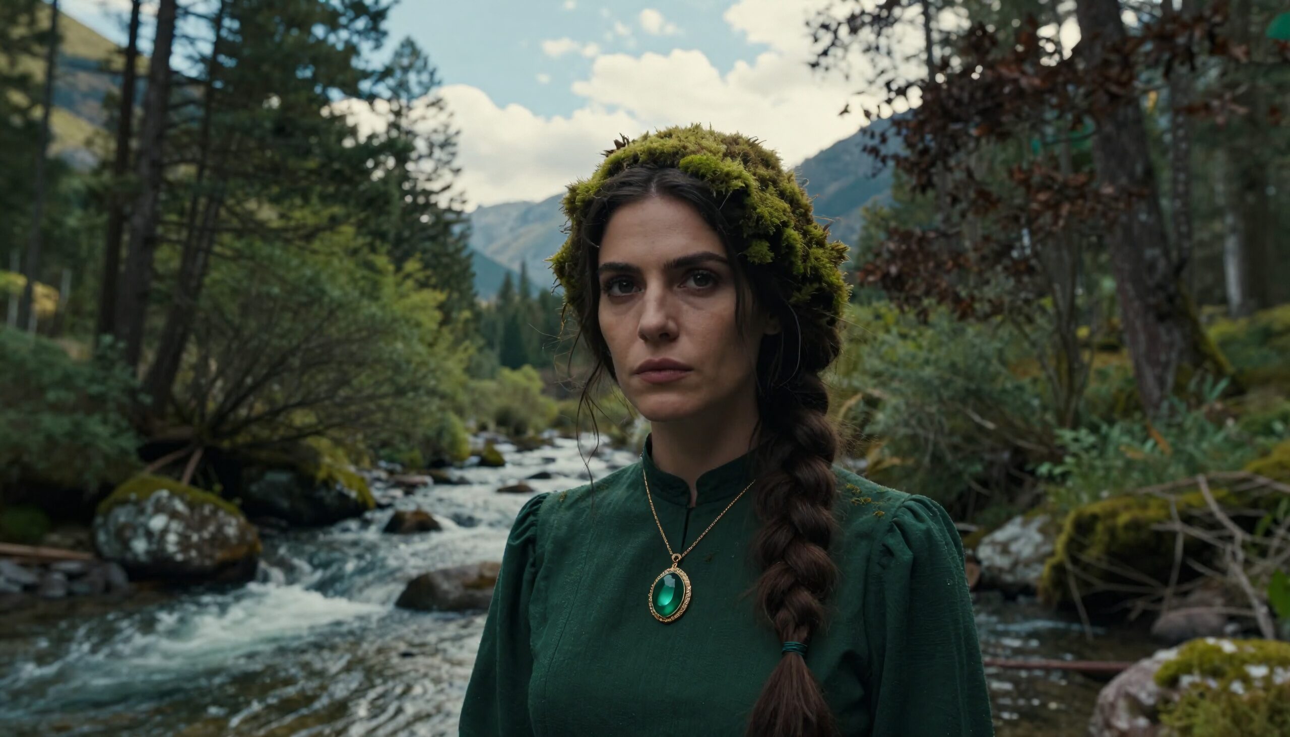 A woman in a green dress stands by a mountain river, wearing a moss headdress and emerald necklace, in a serene forest.