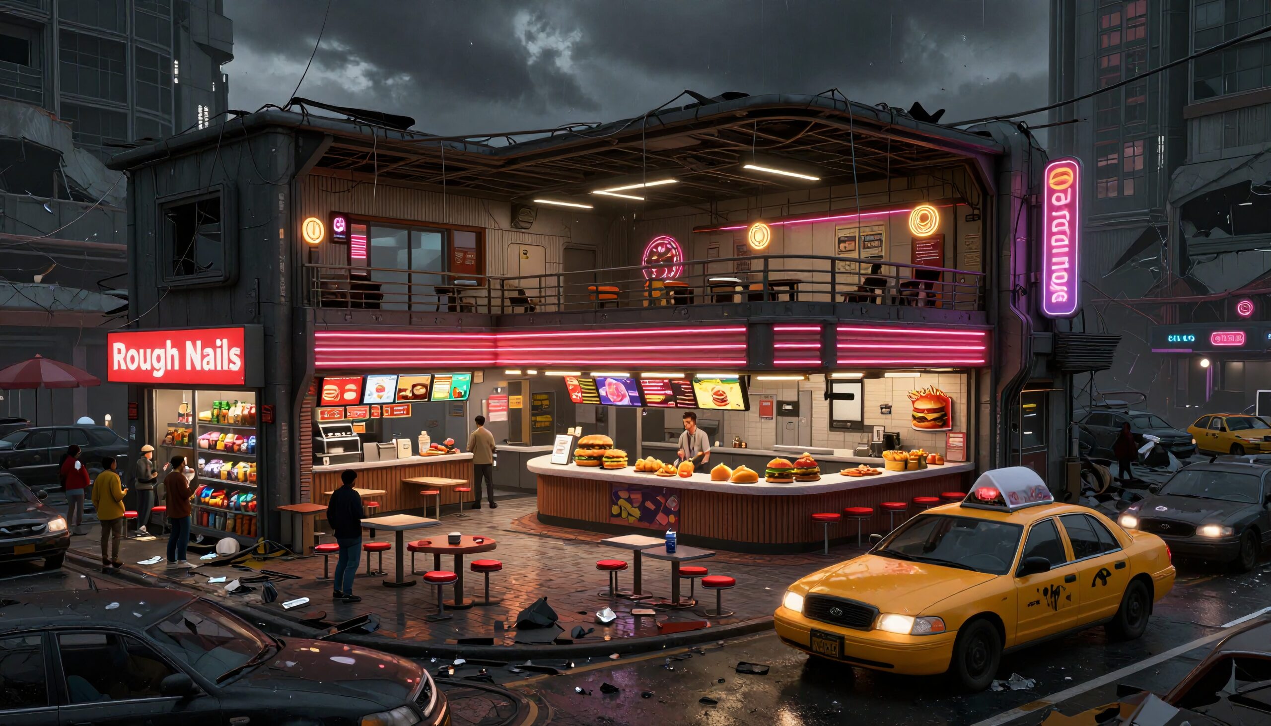 A vibrant neon-lit diner on a rainy city street.
